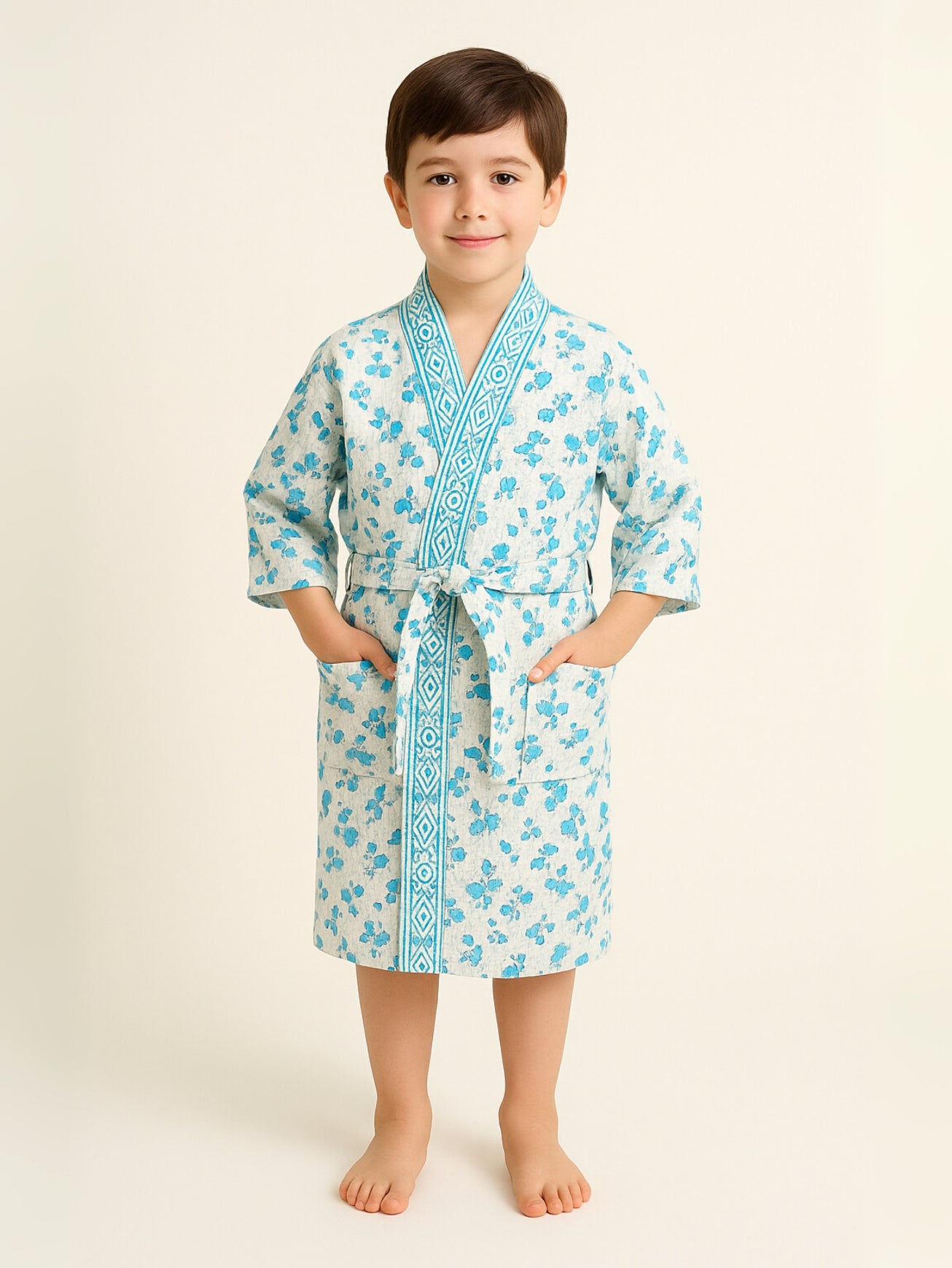Handblock Printed Cotton Waffle Unisex Kids Bathrobe - Free Size (Set Of 1) (010-KIDS)