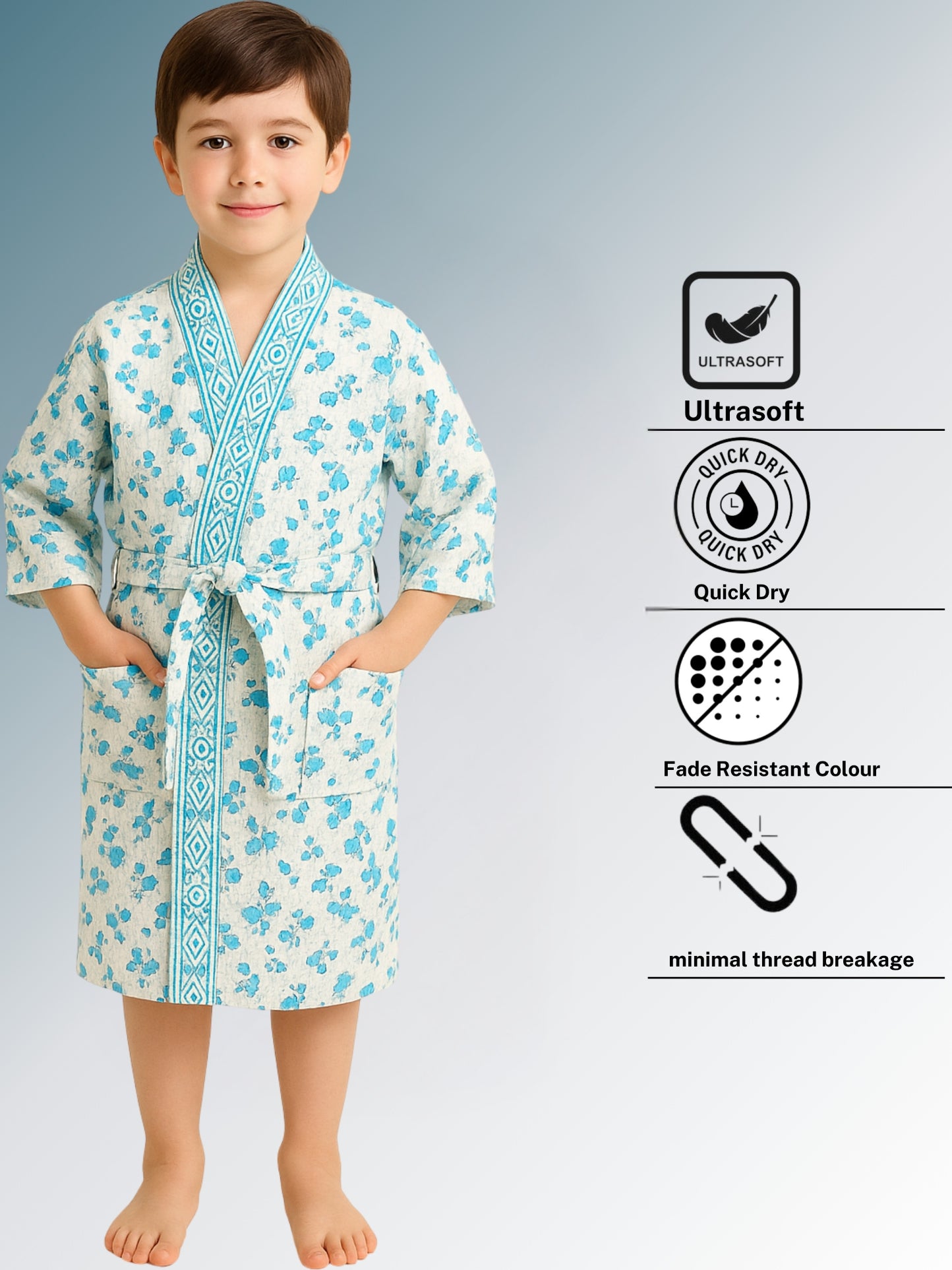 Handblock Printed Cotton Waffle Unisex Kids Bathrobe - Free Size (Set Of 1) (010-KIDS)