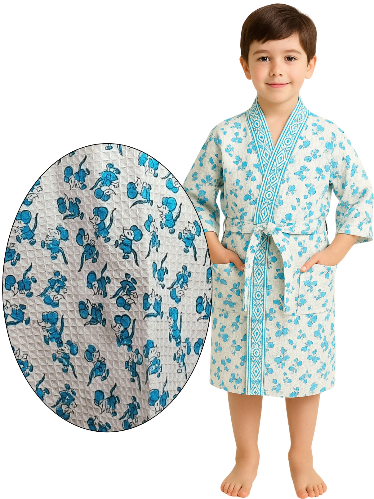 Handblock Printed Cotton Waffle Unisex Kids Bathrobe - Free Size (Set Of 1) (010-KIDS)