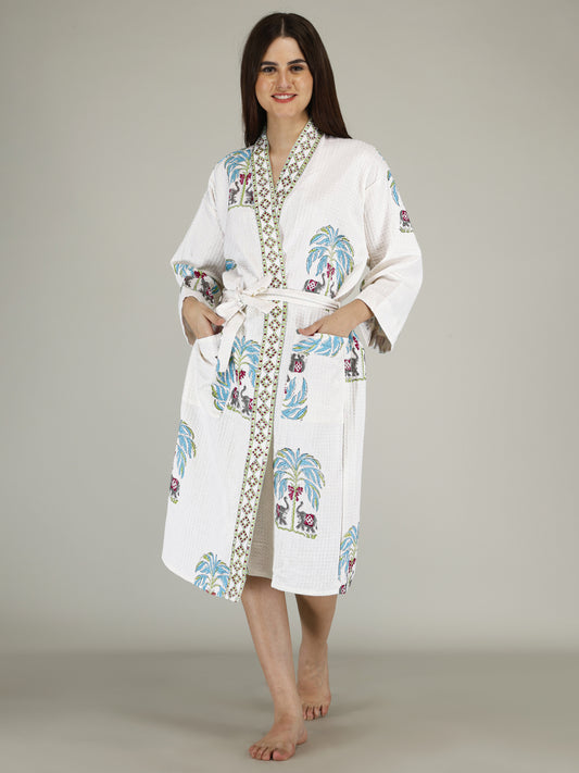 Handblock Printed Cotton Waffle Unisex Bath Robe - Free Size (Set Of 1) (011-BIG)