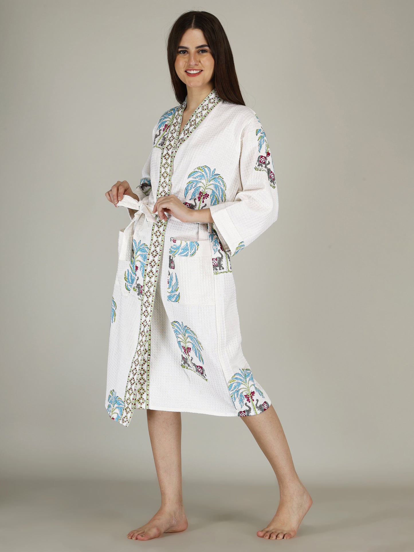 Handblock Printed Cotton Waffle Unisex Bath Robe - Free Size (Set Of 1) (011-BIG)