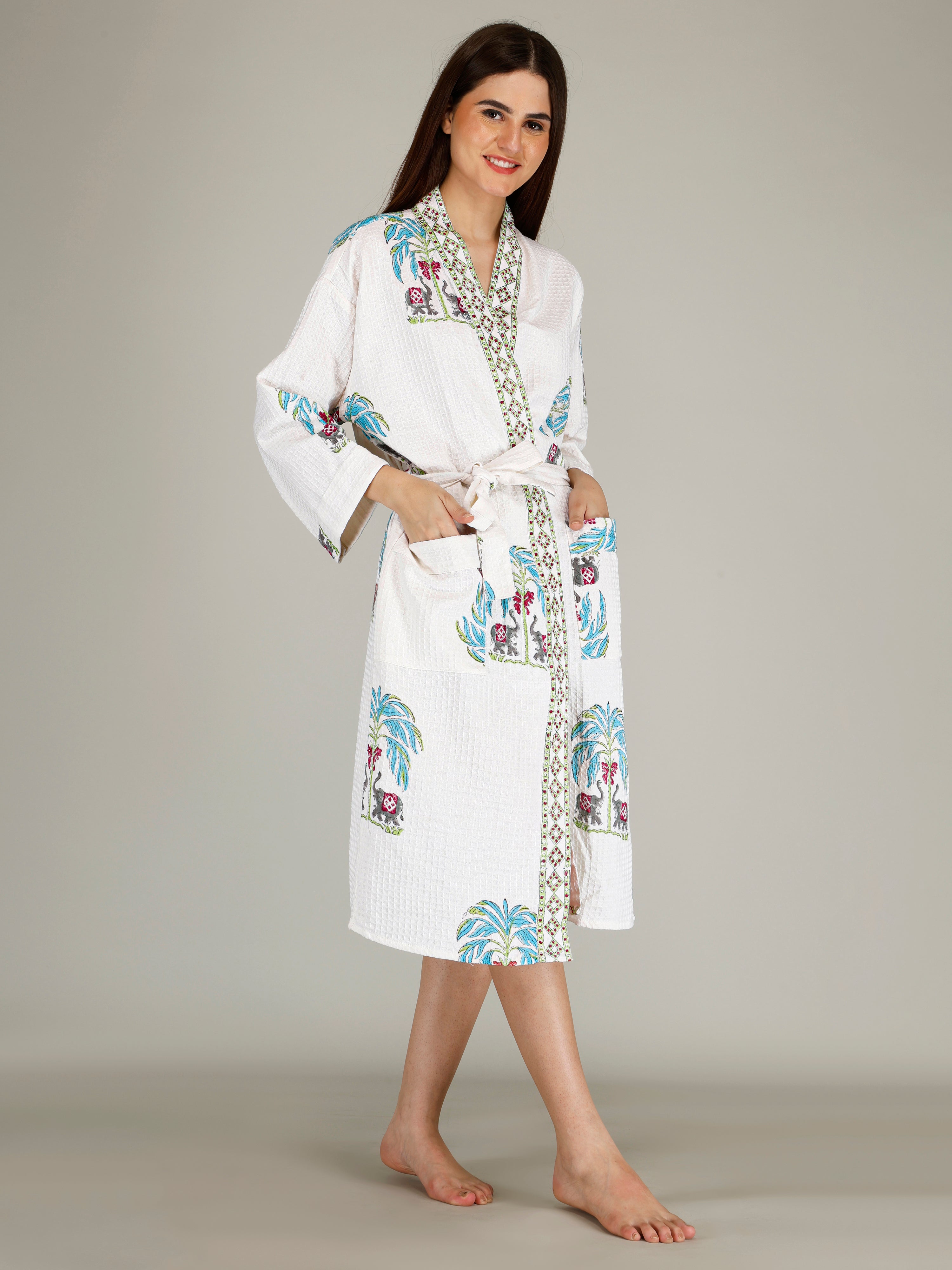 Handblock Printed Cotton Waffle Unisex Bath Robe - Free Size (Set Of 1) (011-BIG)