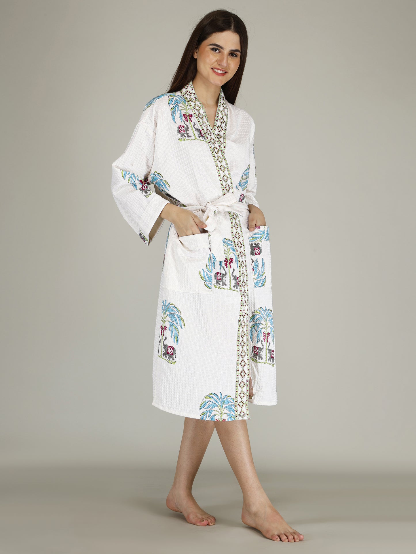 Handblock Printed Cotton Waffle Unisex Bath Robe - Free Size (Set Of 1) (011-BIG)