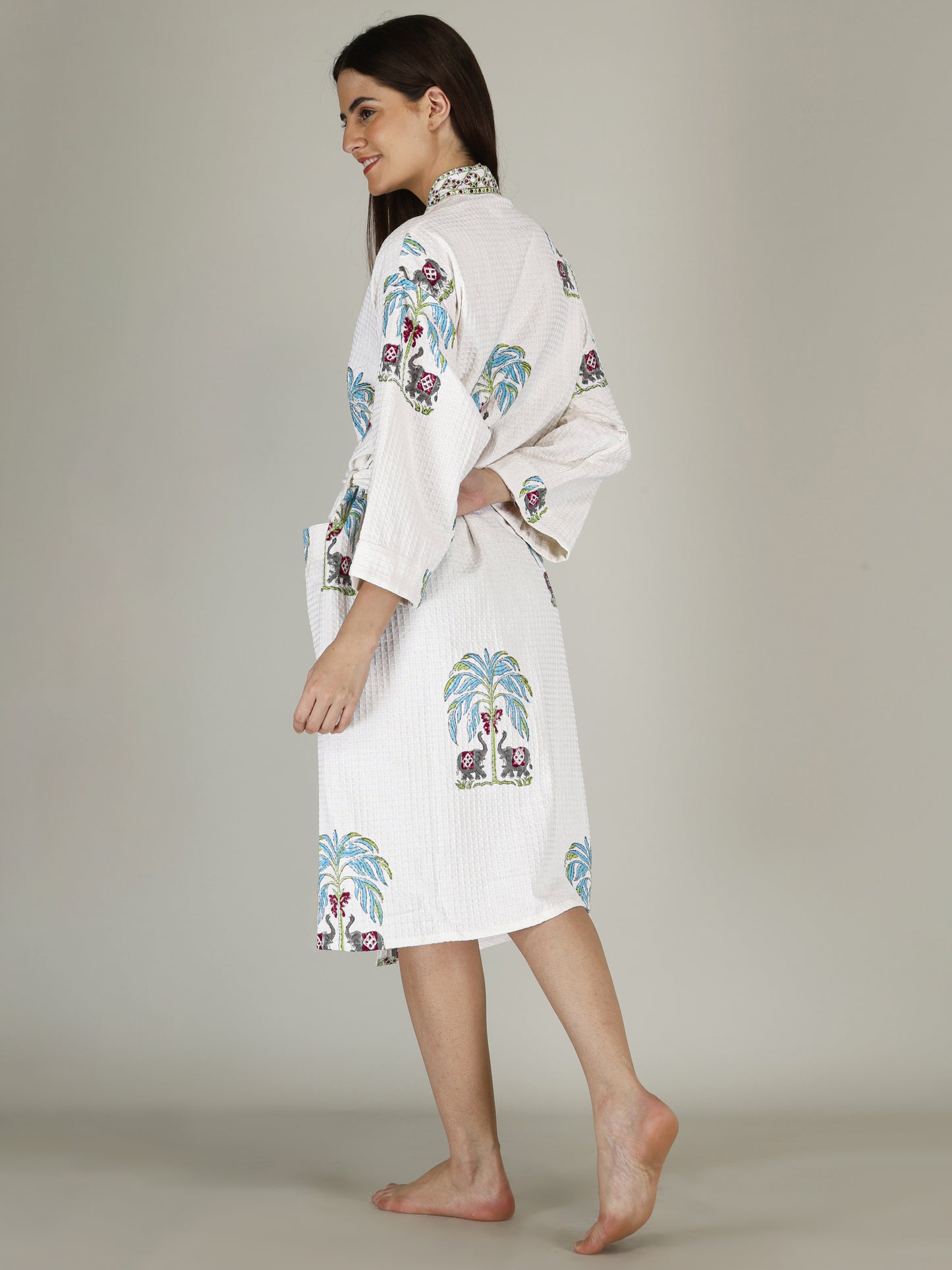 Handblock Printed Cotton Waffle Unisex Bath Robe - Free Size (Set Of 1) (011-BIG)