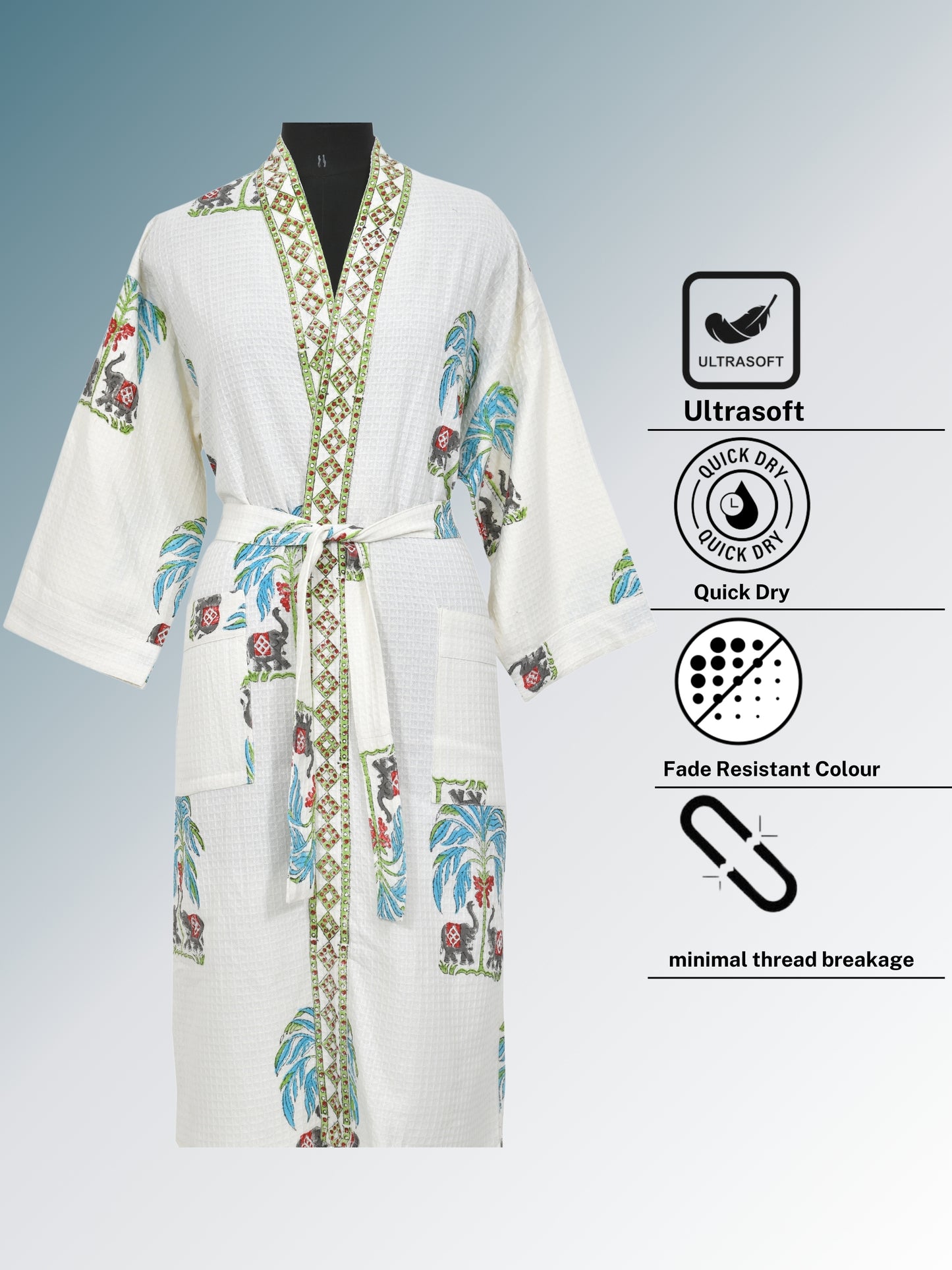 Handblock Printed Cotton Waffle Unisex Bath Robe - Free Size (Set Of 1) (011-BIG)