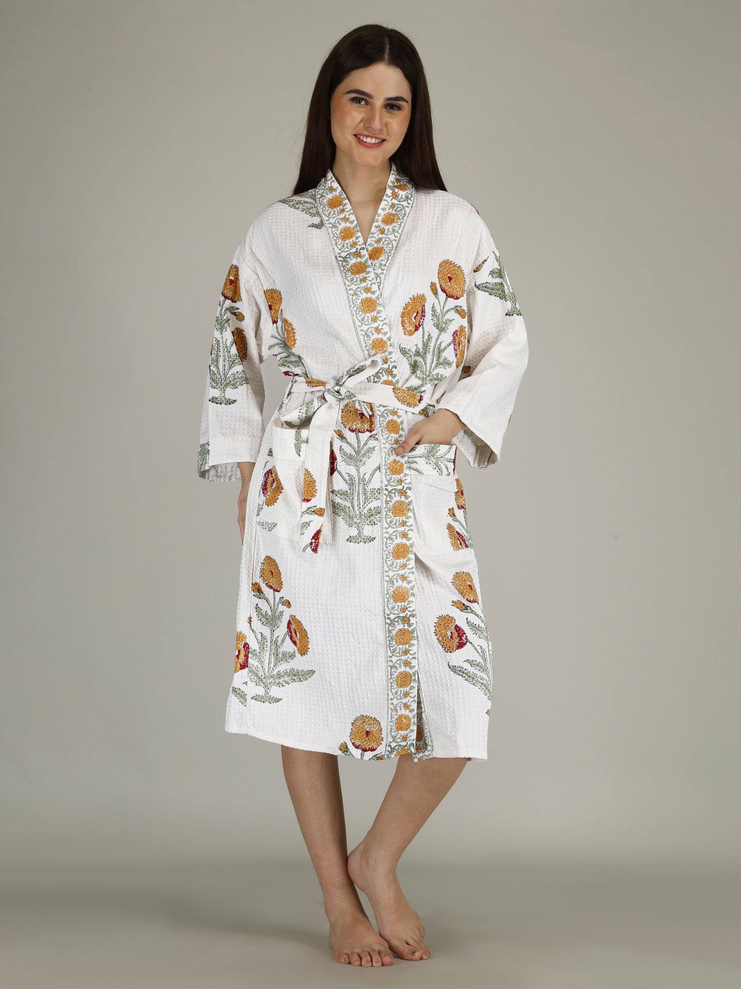 Handblock Printed Cotton Waffle Unisex Bath Robe - Free Size (Set Of 1) (012-BIG)