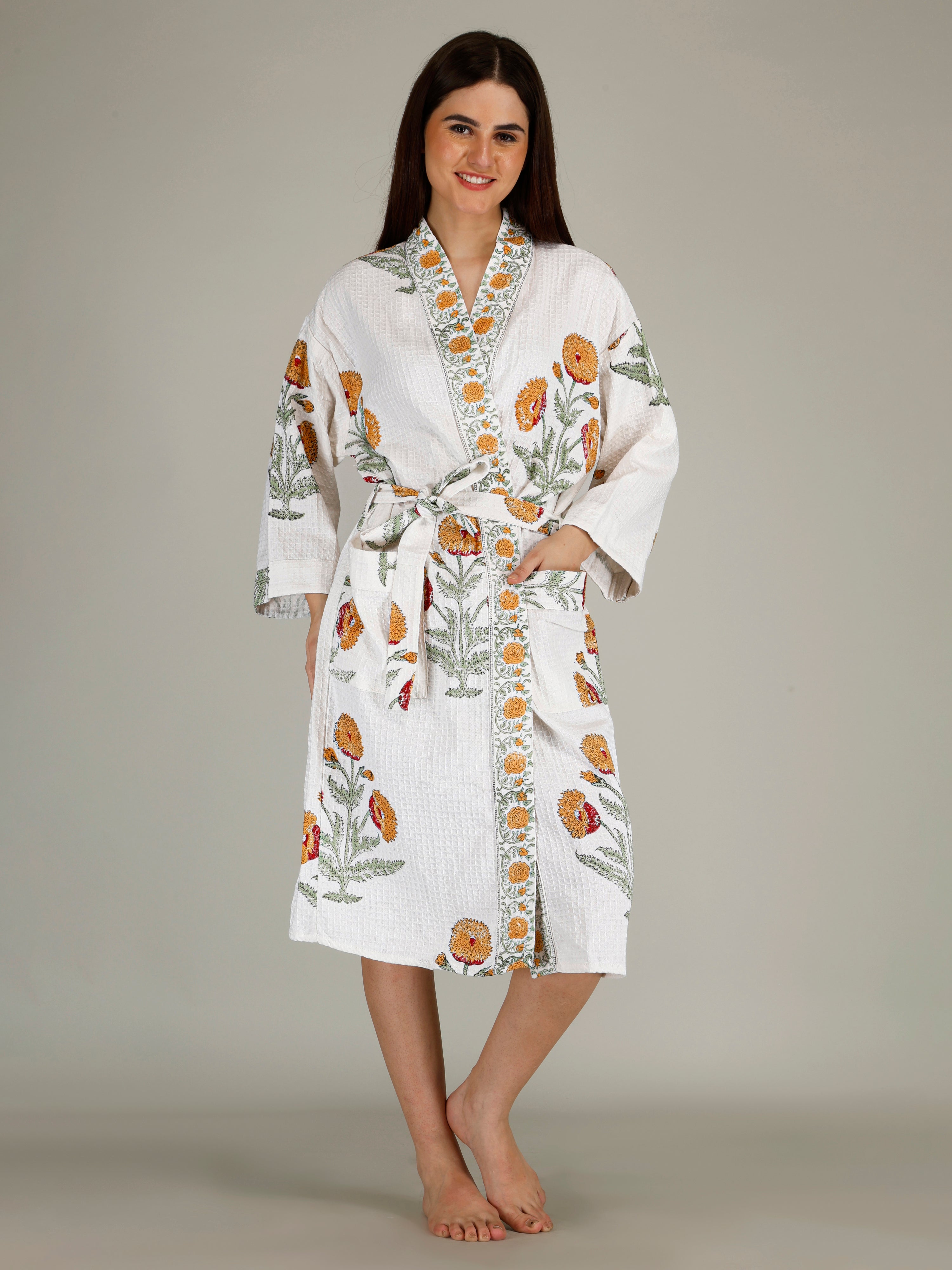 Handblock Printed Cotton Waffle Unisex Bath Robe - Free Size (Set Of 1) (012-BIG)