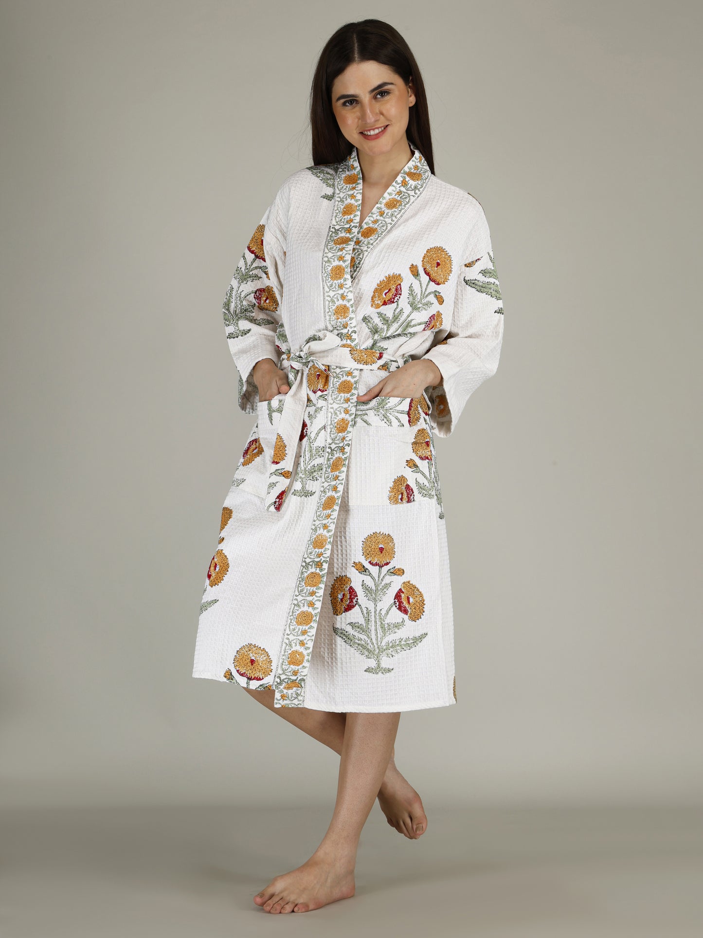 Handblock Printed Cotton Waffle Unisex Bath Robe - Free Size (Set Of 1) (012-BIG)