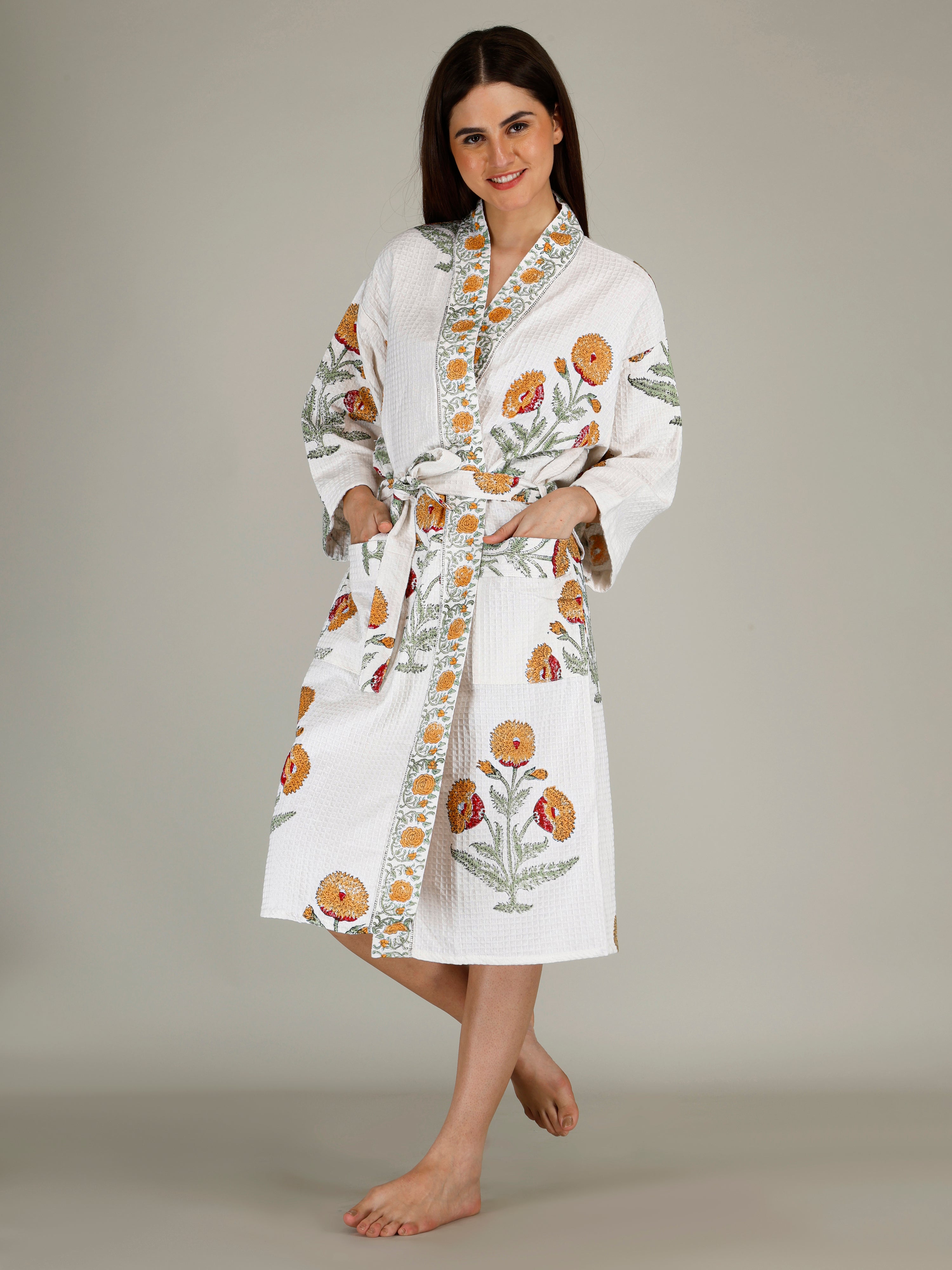Handblock Printed Cotton Waffle Unisex Bath Robe - Free Size (Set Of 1) (012-BIG)