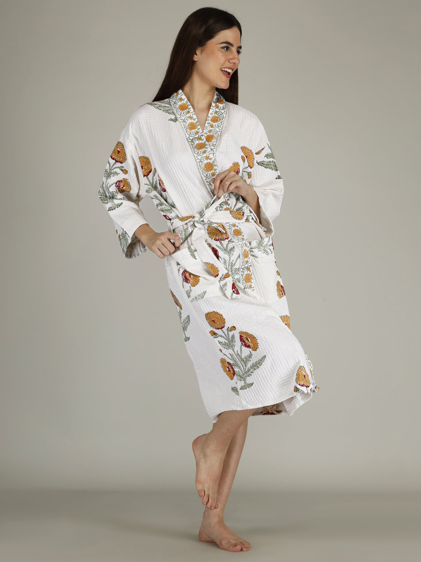 Handblock Printed Cotton Waffle Unisex Bath Robe - Free Size (Set Of 1) (012-BIG)