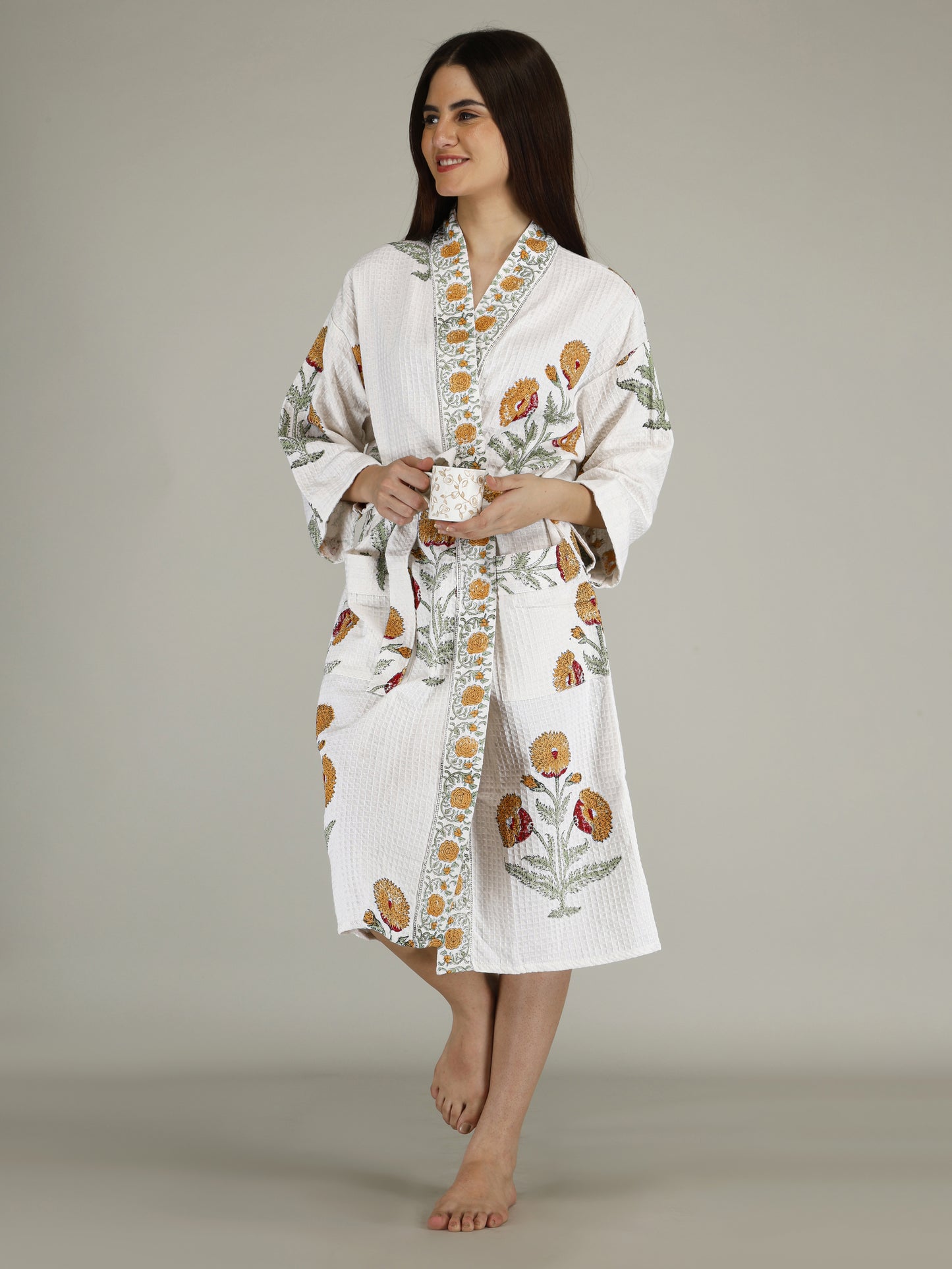 Handblock Printed Cotton Waffle Unisex Bath Robe - Free Size (Set Of 1) (012-BIG)