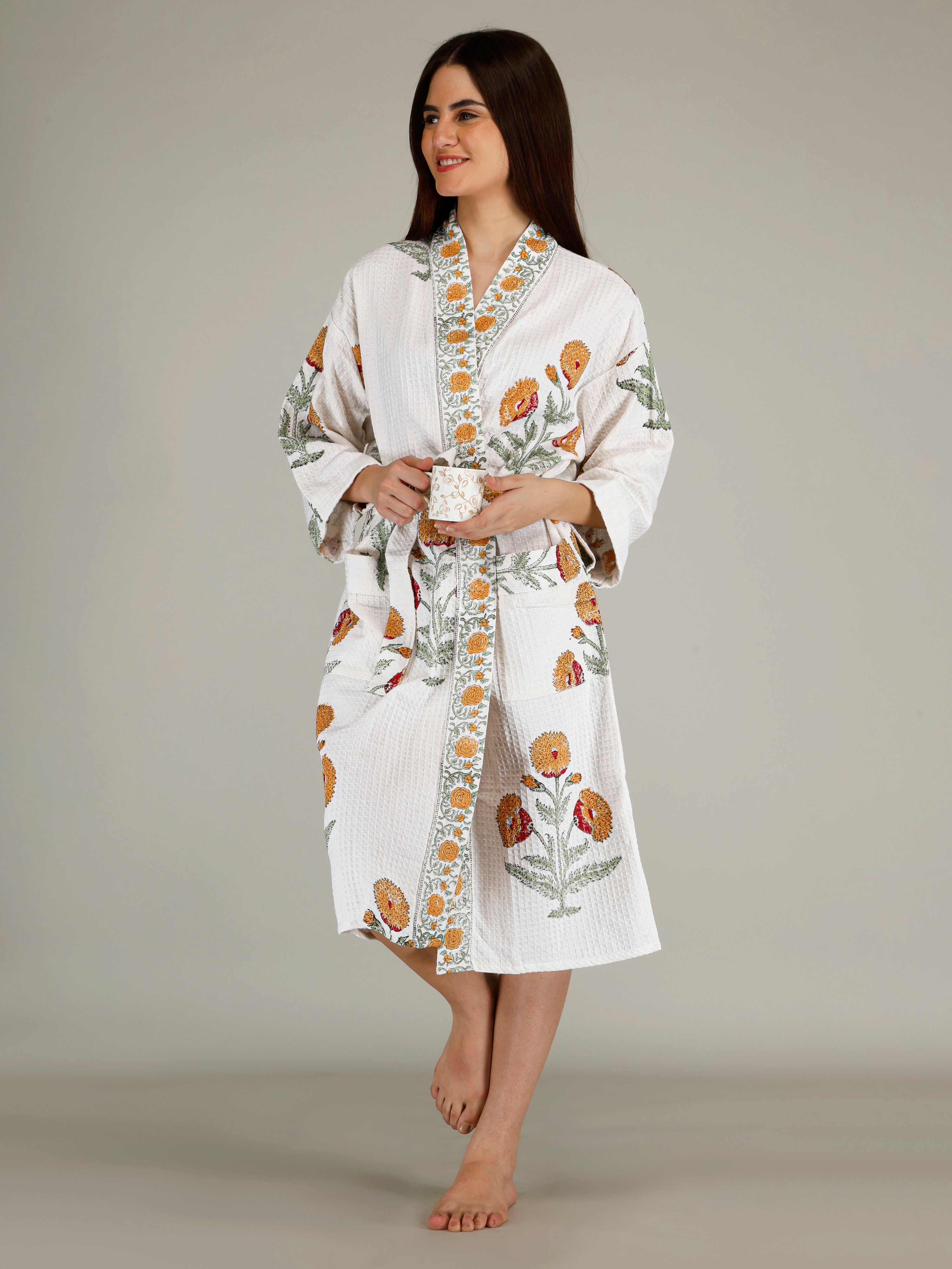 Handblock Printed Cotton Waffle Unisex Bath Robe - Free Size (Set Of 1) (012-BIG)