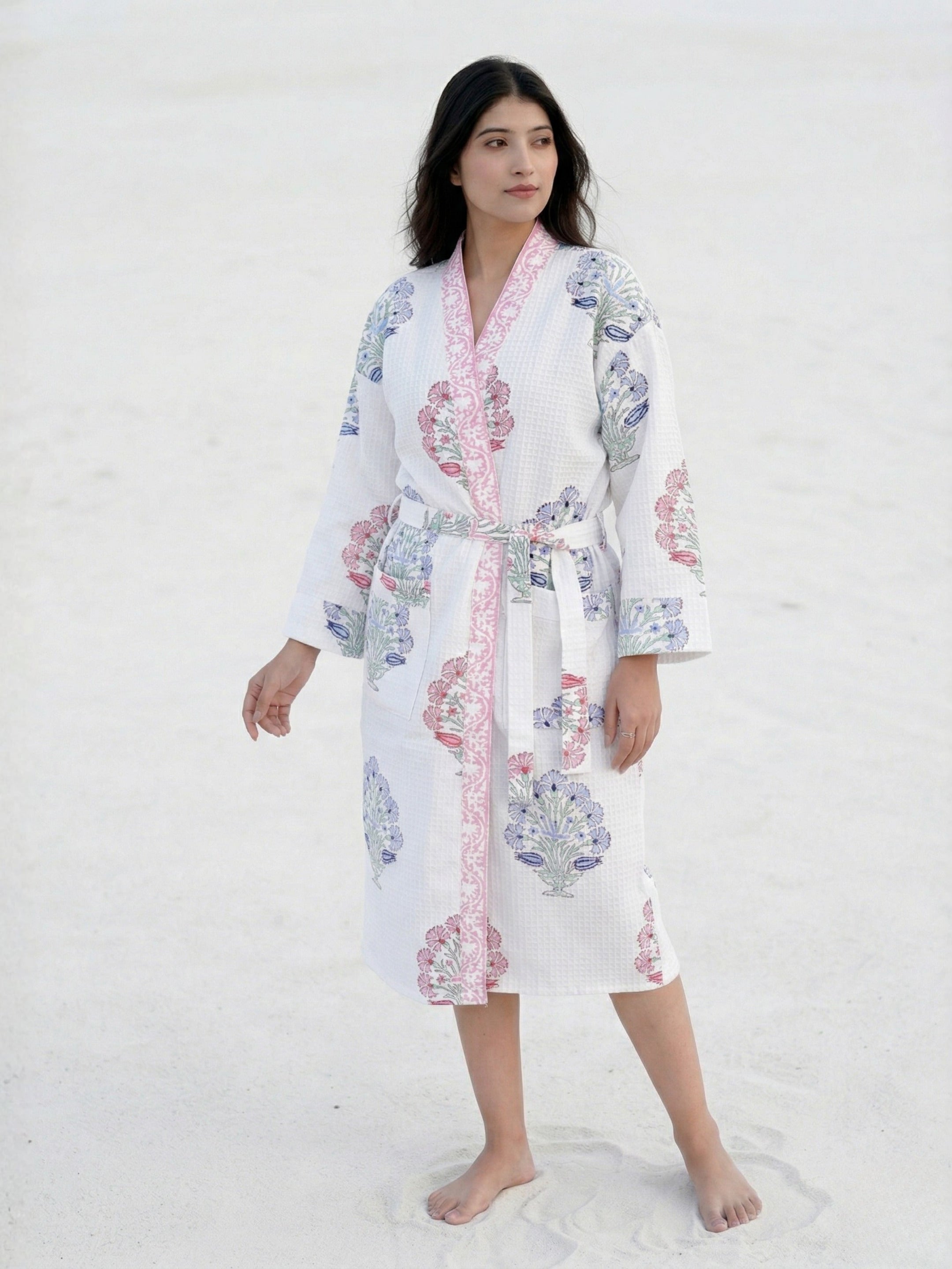 Living Roots Handblock Printed Cotton Waffle Unisex Bath Robe - Free Size (Set Of 1) (91-013-BIG)