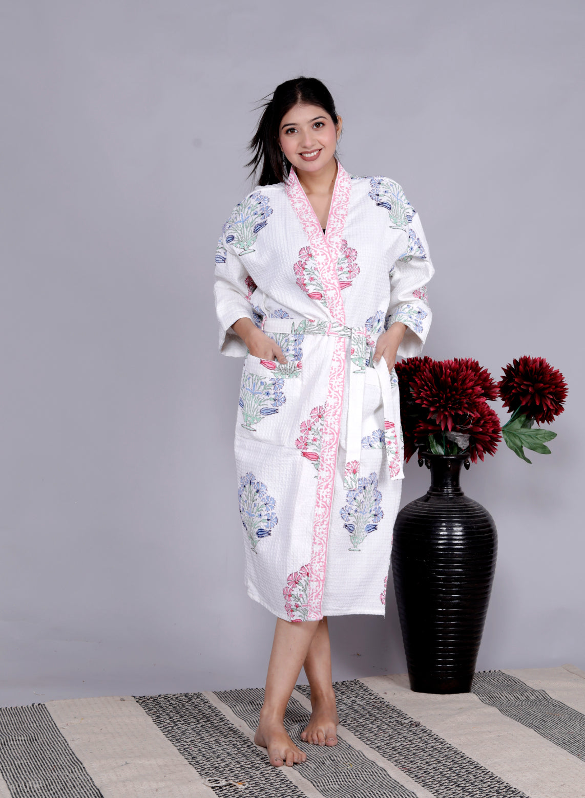 Living Roots Handblock Printed Cotton Waffle Unisex Bath Robe - Free Size (Set Of 1) (91-013-BIG)