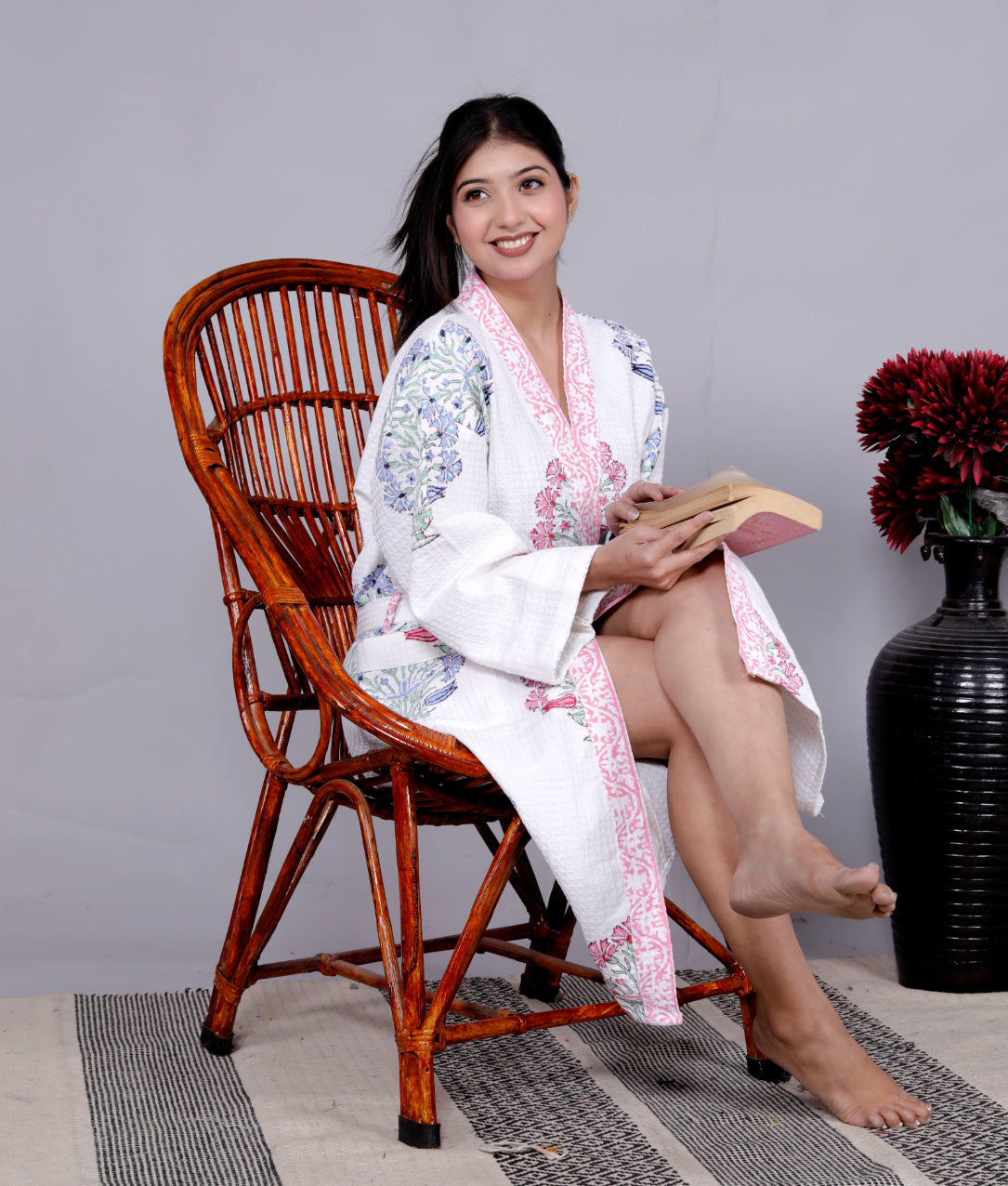 Living Roots Handblock Printed Cotton Waffle Unisex Bath Robe - Free Size (Set Of 1) (91-013-BIG)