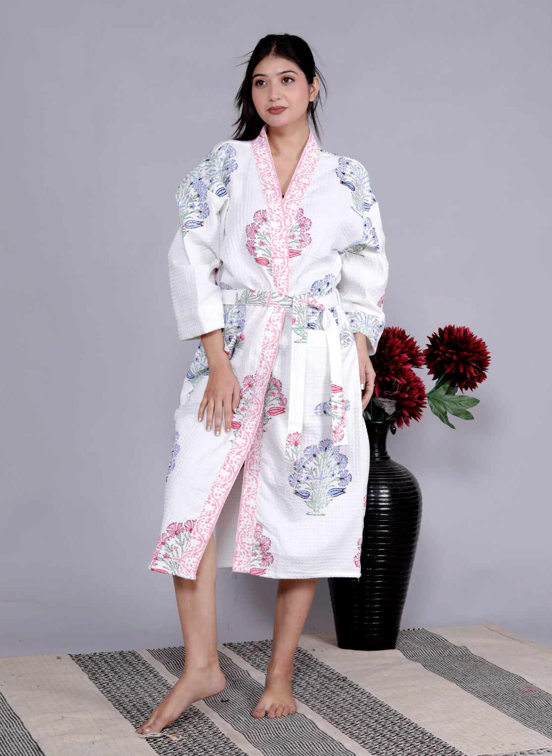 Living Roots Handblock Printed Cotton Waffle Unisex Bath Robe - Free Size (Set Of 1) (91-013-BIG)