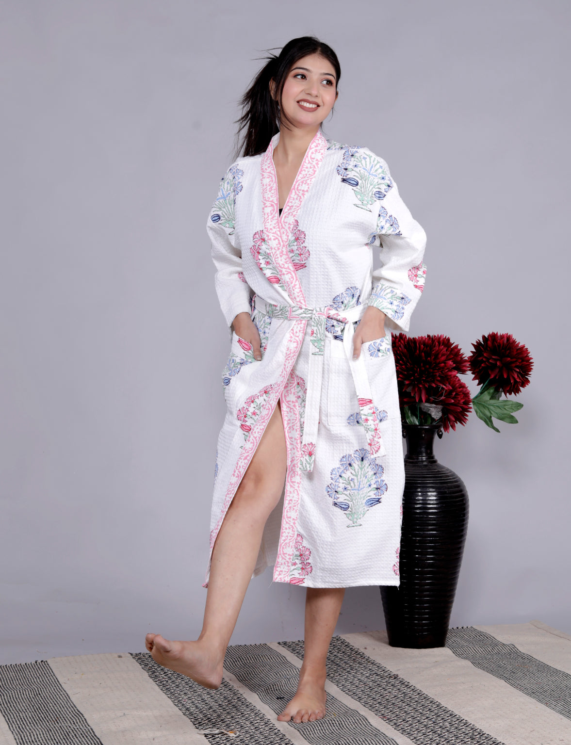 Living Roots Handblock Printed Cotton Waffle Unisex Bath Robe - Free Size (Set Of 1) (91-013-BIG)