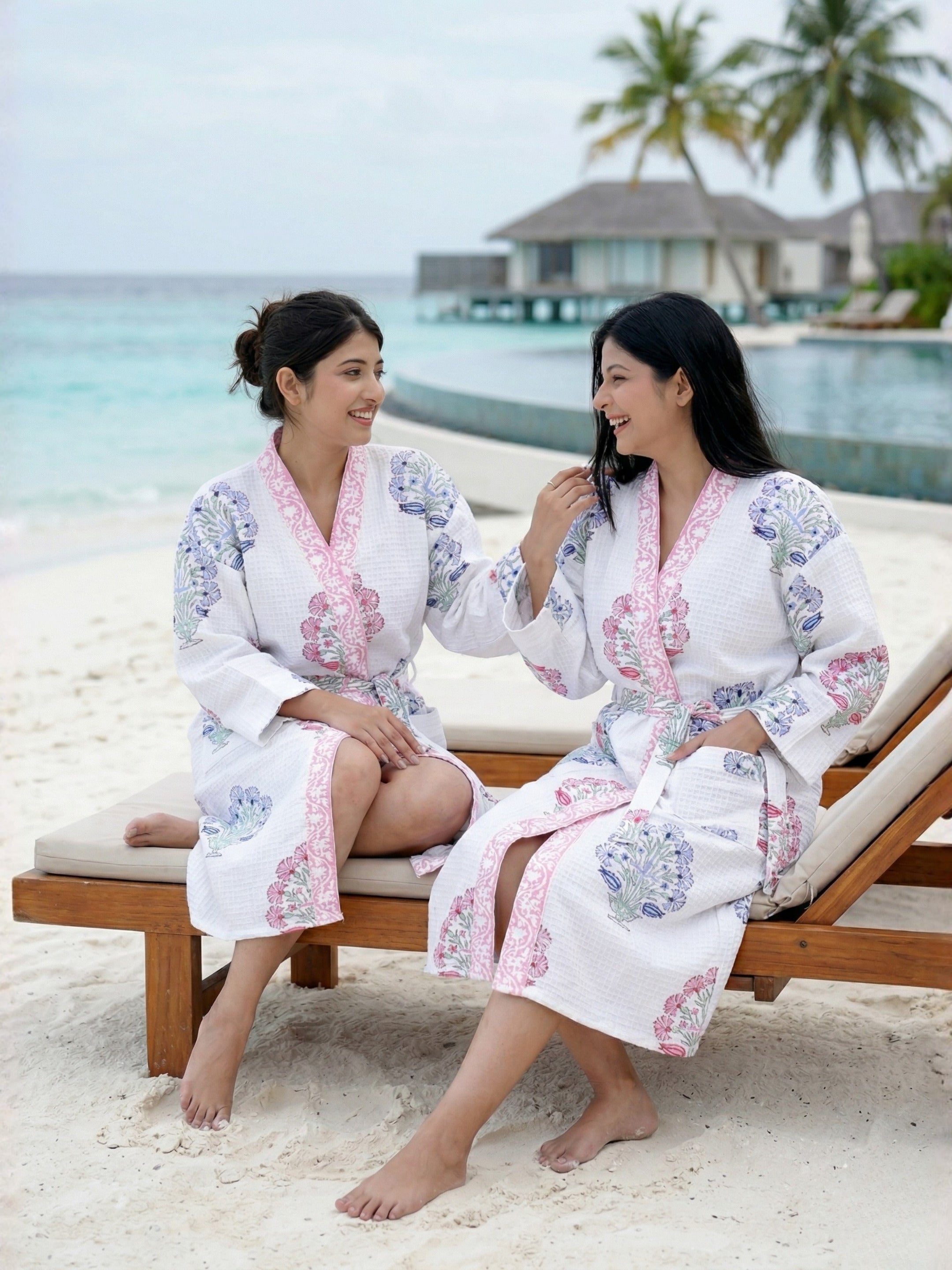 Living Roots Handblock Printed Cotton Waffle Unisex Bath Robe - Free Size (Set Of 1) (91-013-BIG)