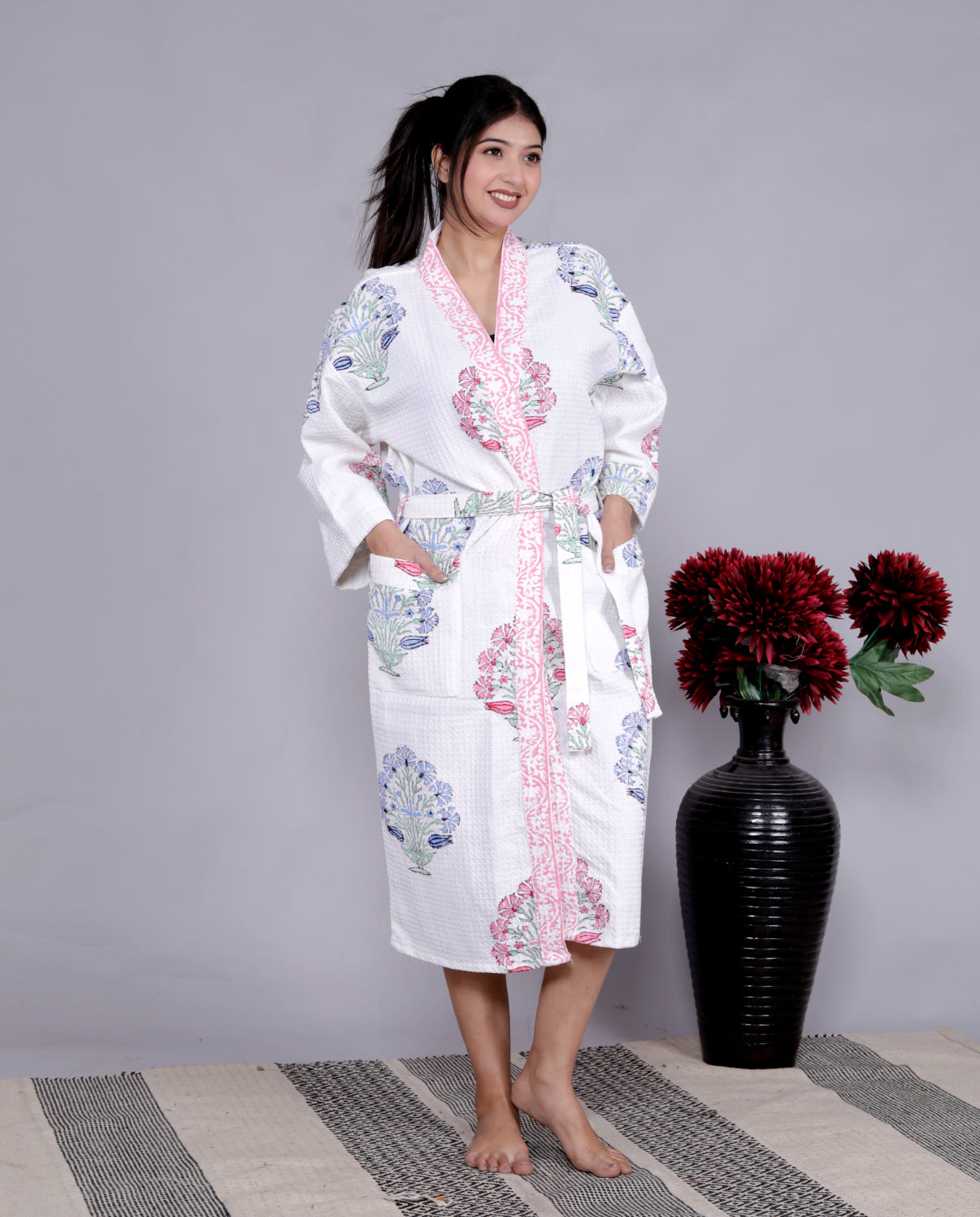Living Roots Handblock Printed Cotton Waffle Unisex Bath Robe - Free Size (Set Of 1) (91-013-BIG)