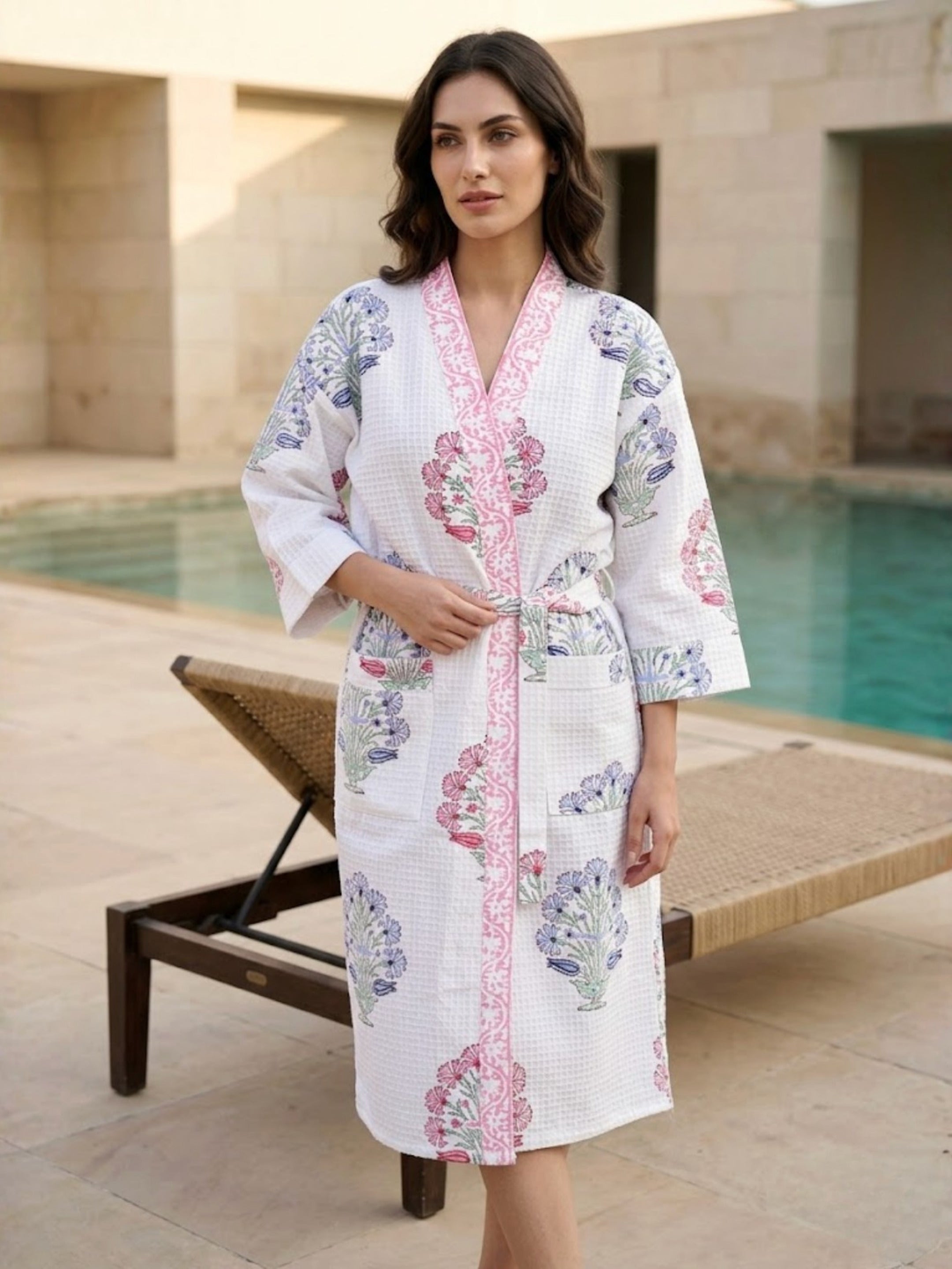 Living Roots Handblock Printed Cotton Waffle Unisex Bath Robe - Free Size (Set Of 1) (91-013-BIG)