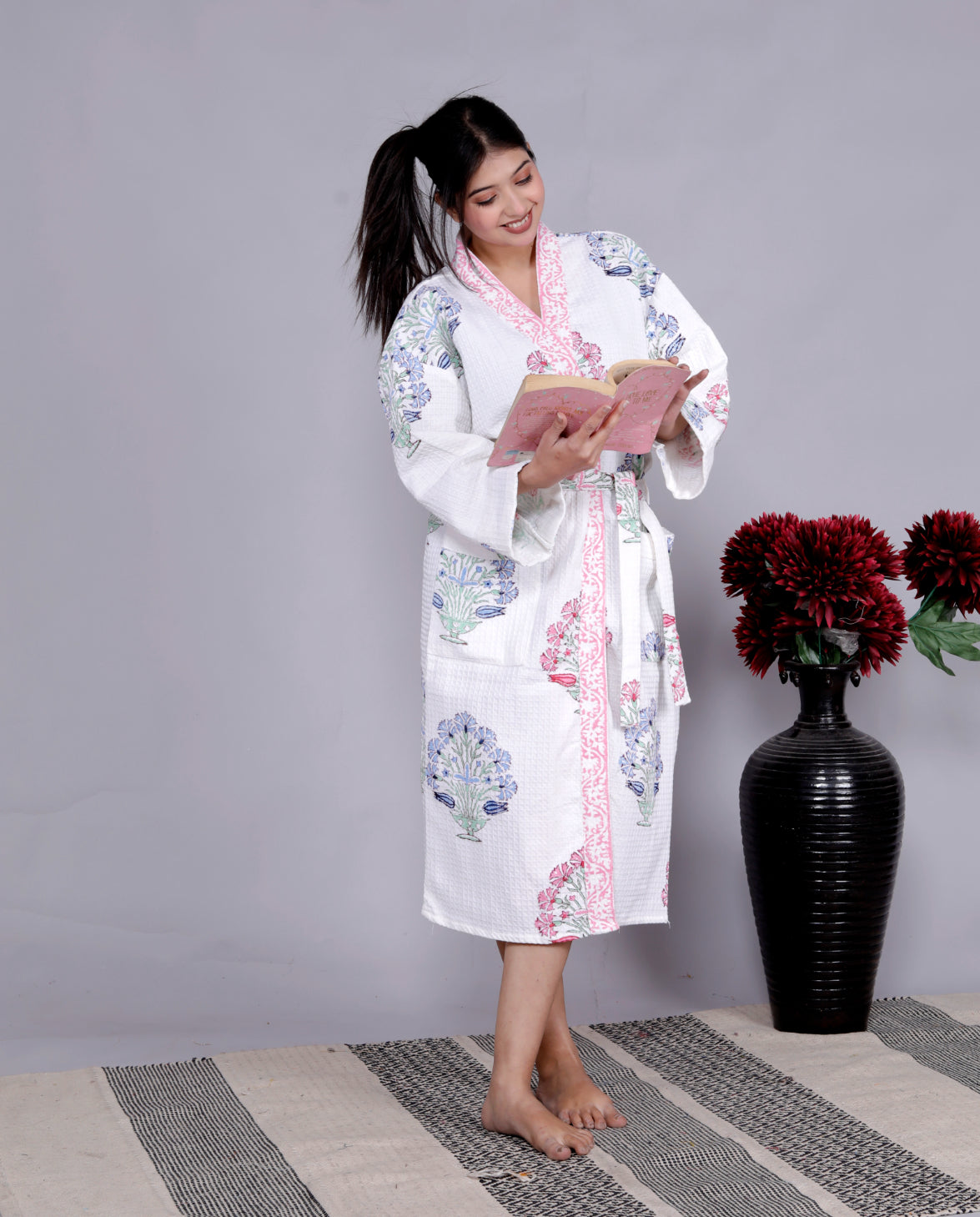Living Roots Handblock Printed Cotton Waffle Unisex Bath Robe - Free Size (Set Of 1) (91-013-BIG)