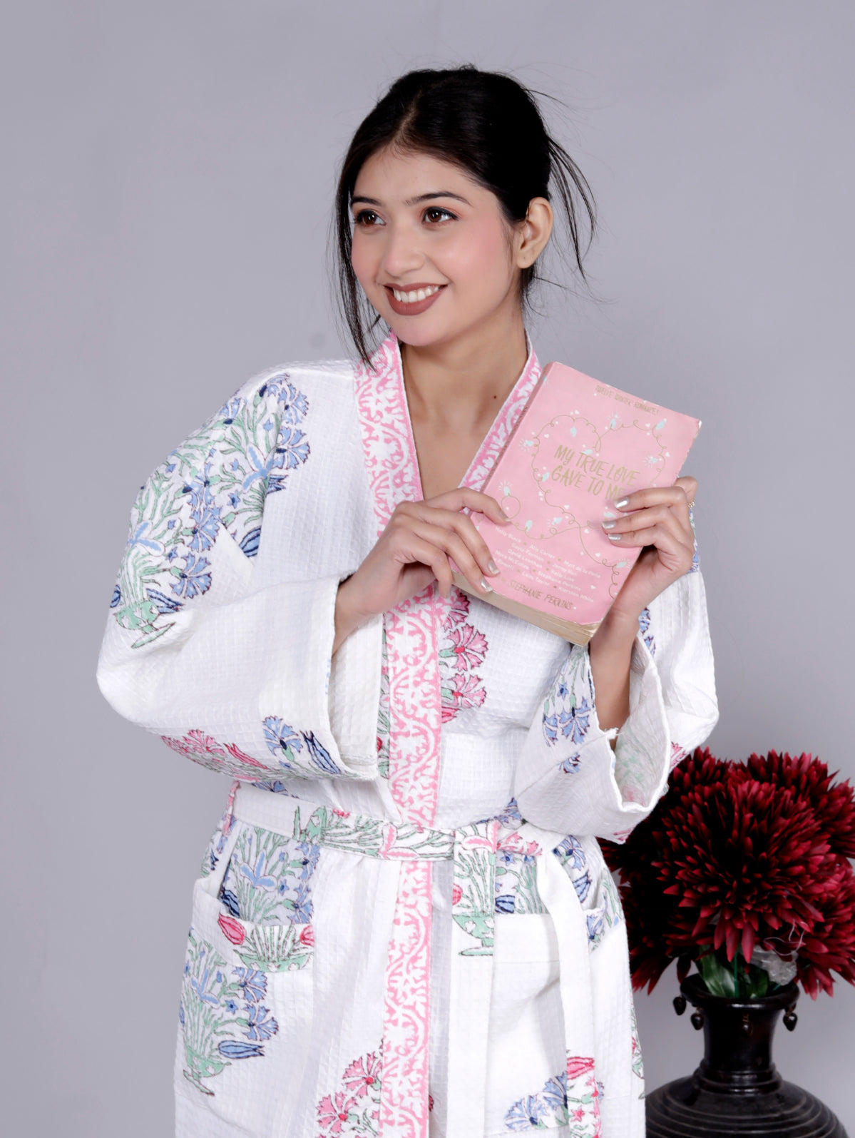 Living Roots Handblock Printed Cotton Waffle Unisex Bath Robe - Free Size (Set Of 1) (91-013-BIG)