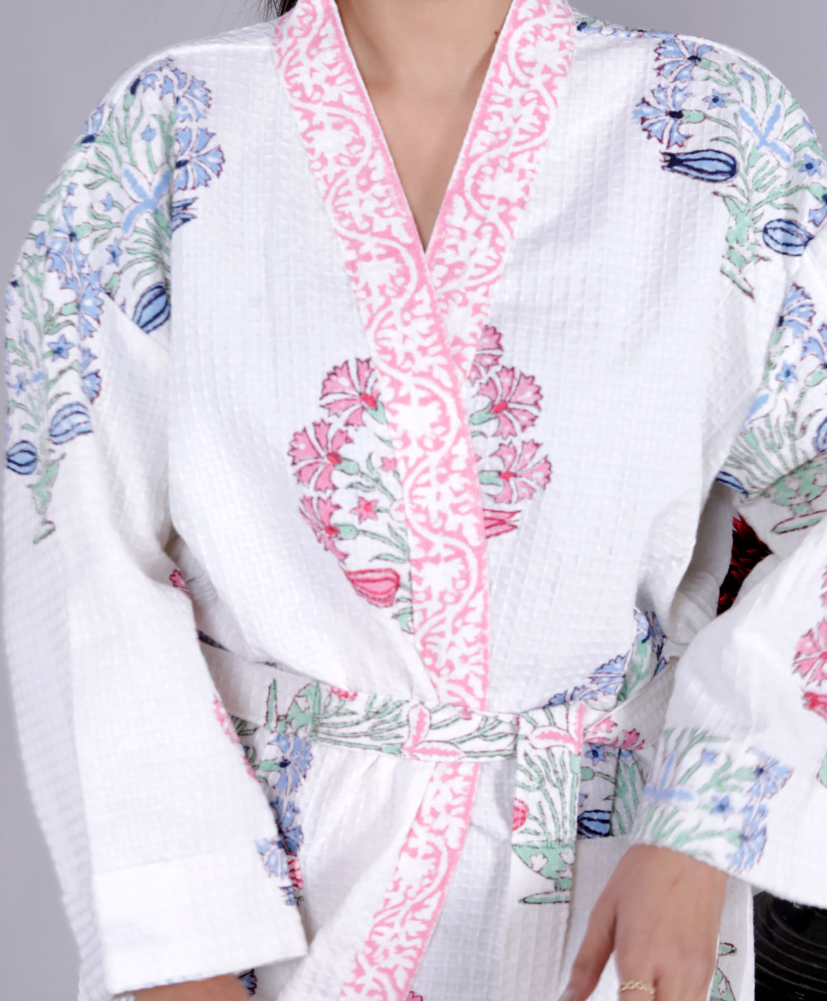Living Roots Handblock Printed Cotton Waffle Unisex Bath Robe - Free Size (Set Of 1) (91-013-BIG)
