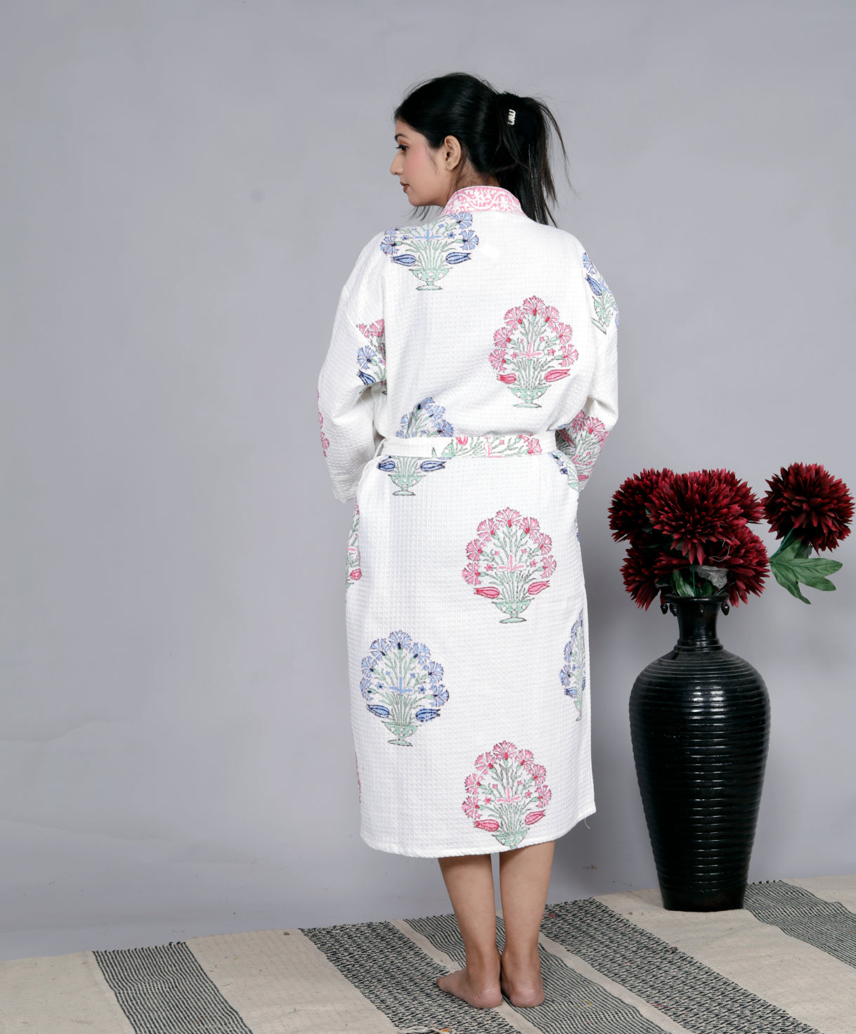 Living Roots Handblock Printed Cotton Waffle Unisex Bath Robe - Free Size (Set Of 1) (91-013-BIG)
