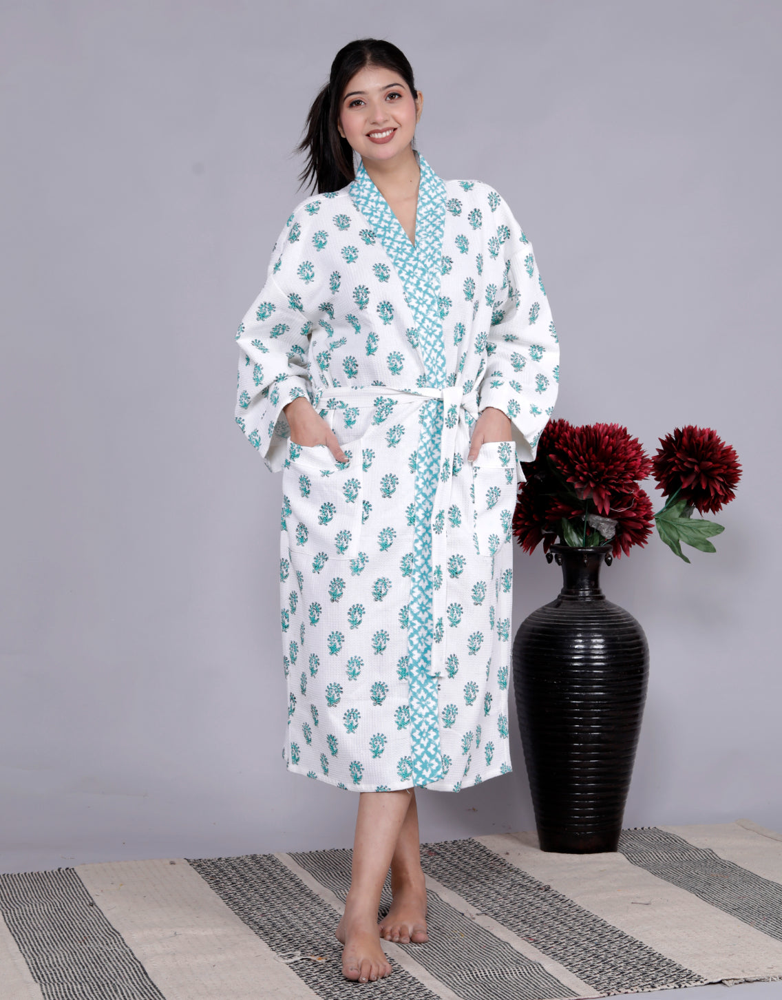 Living Roots Handblock Printed Cotton Waffle Unisex Bath Robe - Free Size (Set Of 1) (91-014-BIG)