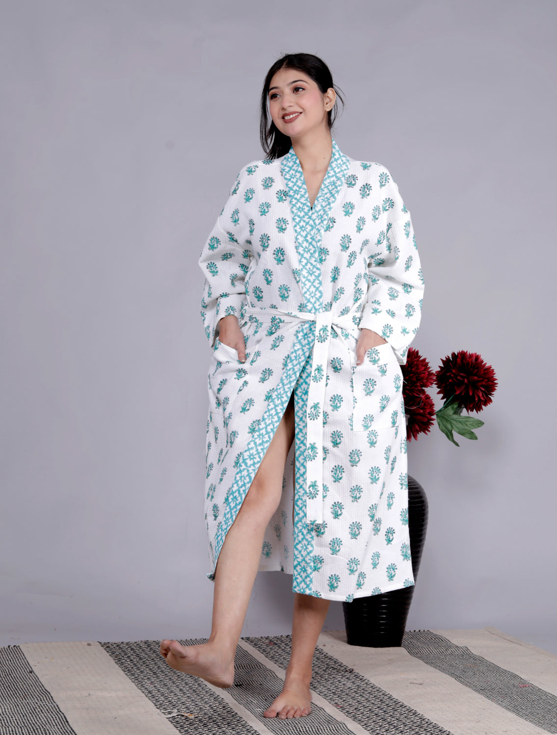 Living Roots Handblock Printed Cotton Waffle Unisex Bath Robe - Free Size (Set Of 1) (91-014-BIG)