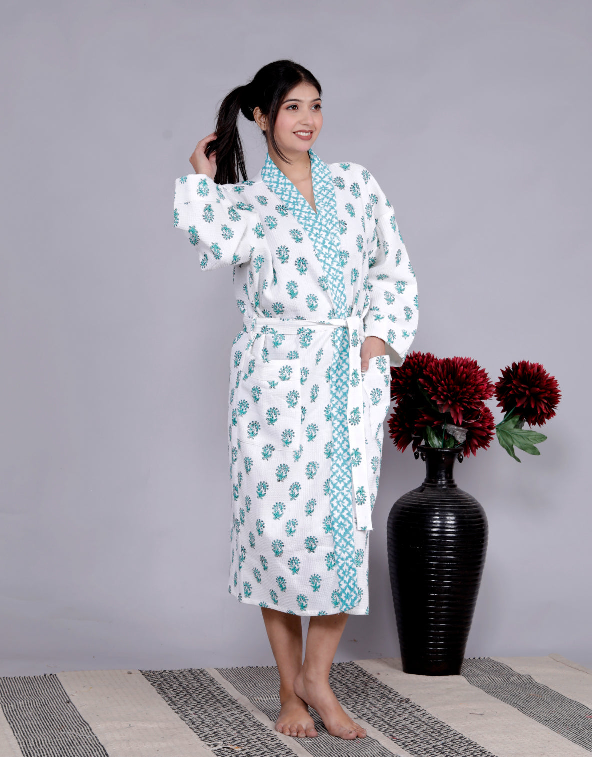Living Roots Handblock Printed Cotton Waffle Unisex Bath Robe - Free Size (Set Of 1) (91-014-BIG)