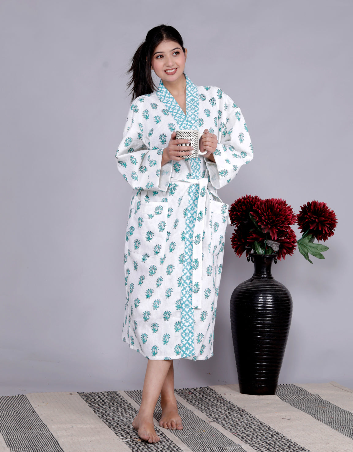 Living Roots Handblock Printed Cotton Waffle Unisex Bath Robe - Free Size (Set Of 1) (91-014-BIG)