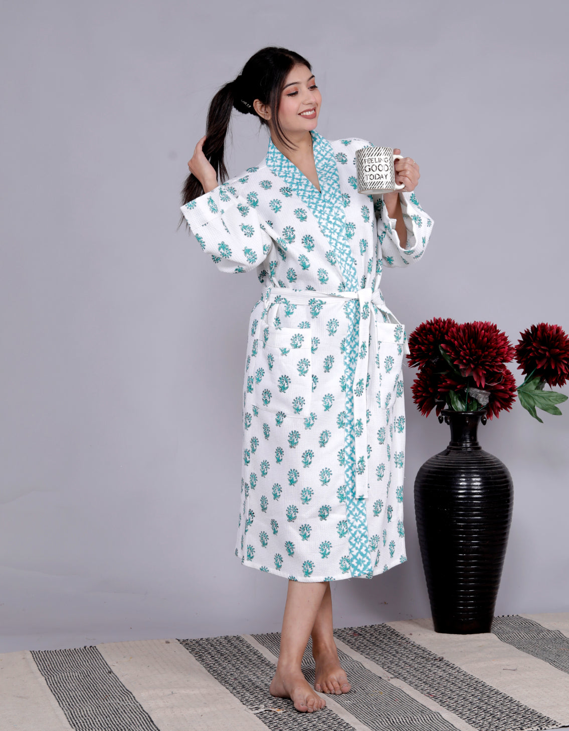 Living Roots Handblock Printed Cotton Waffle Unisex Bath Robe - Free Size (Set Of 1) (91-014-BIG)