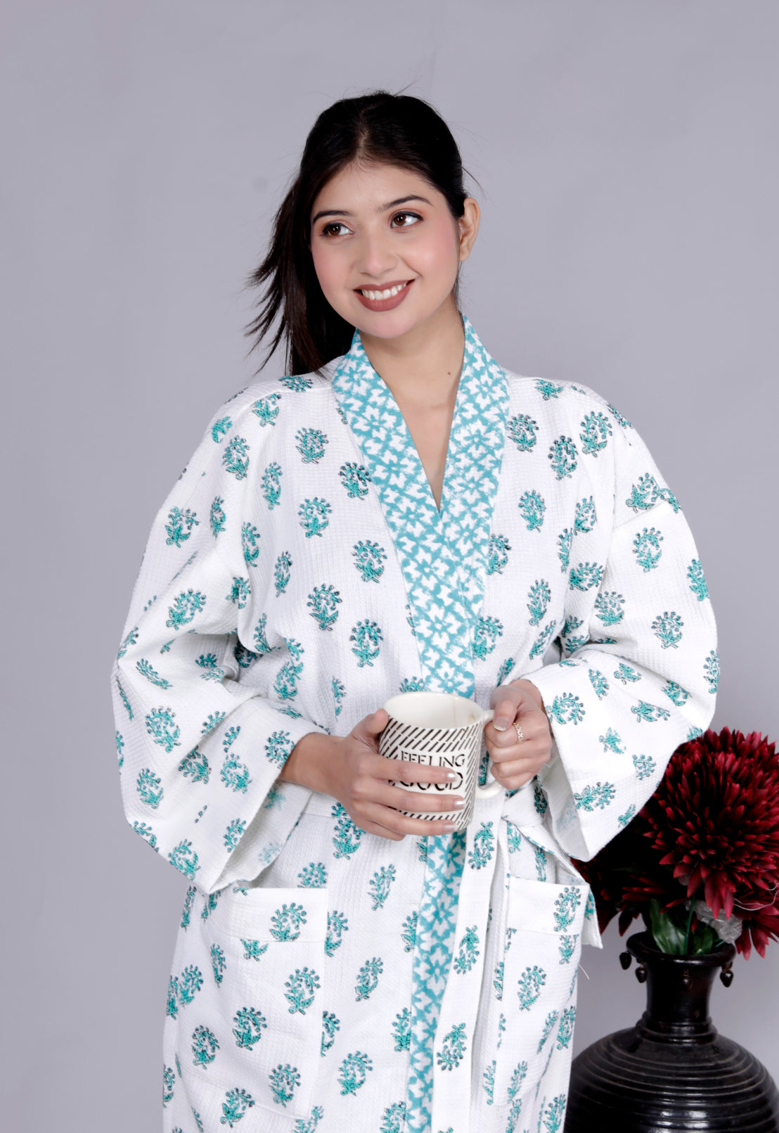 Living Roots Handblock Printed Cotton Waffle Unisex Bath Robe - Free Size (Set Of 1) (91-014-BIG)