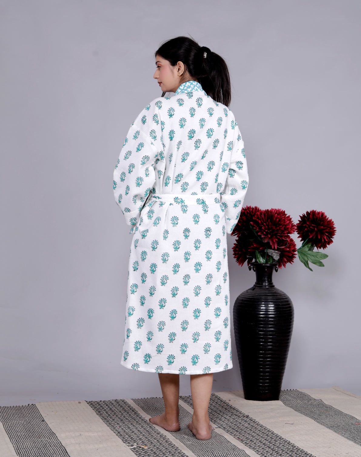 Living Roots Handblock Printed Cotton Waffle Unisex Bath Robe - Free Size (Set Of 1) (91-014-BIG)