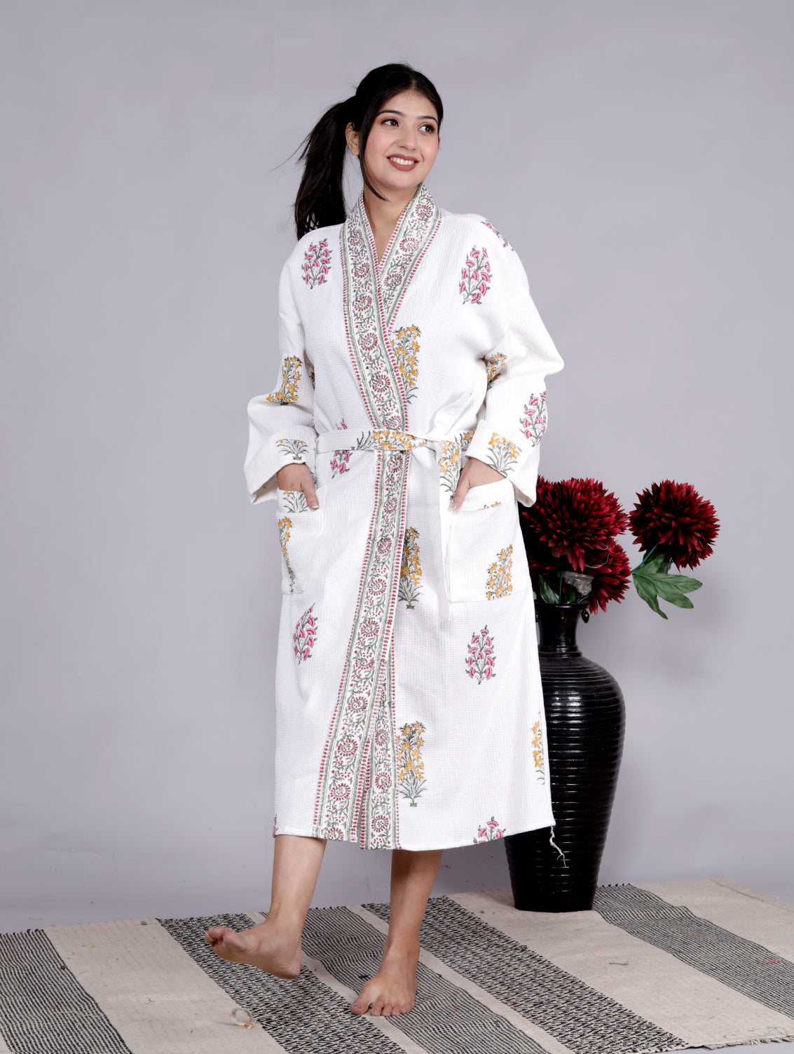 Living Roots Handblock Printed Cotton Waffle Unisex Bath Robe - Free Size (Set Of 1) (91-015-BIG)
