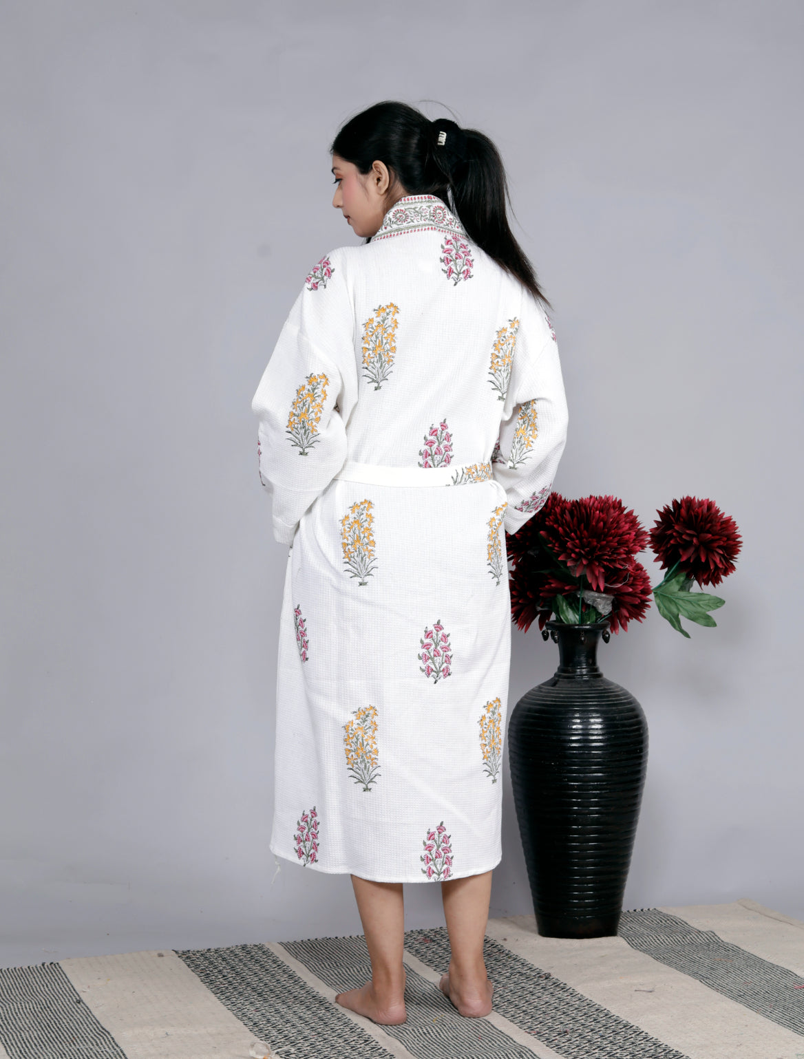 Living Roots Handblock Printed Cotton Waffle Unisex Bath Robe - Free Size (Set Of 1) (91-015-BIG)