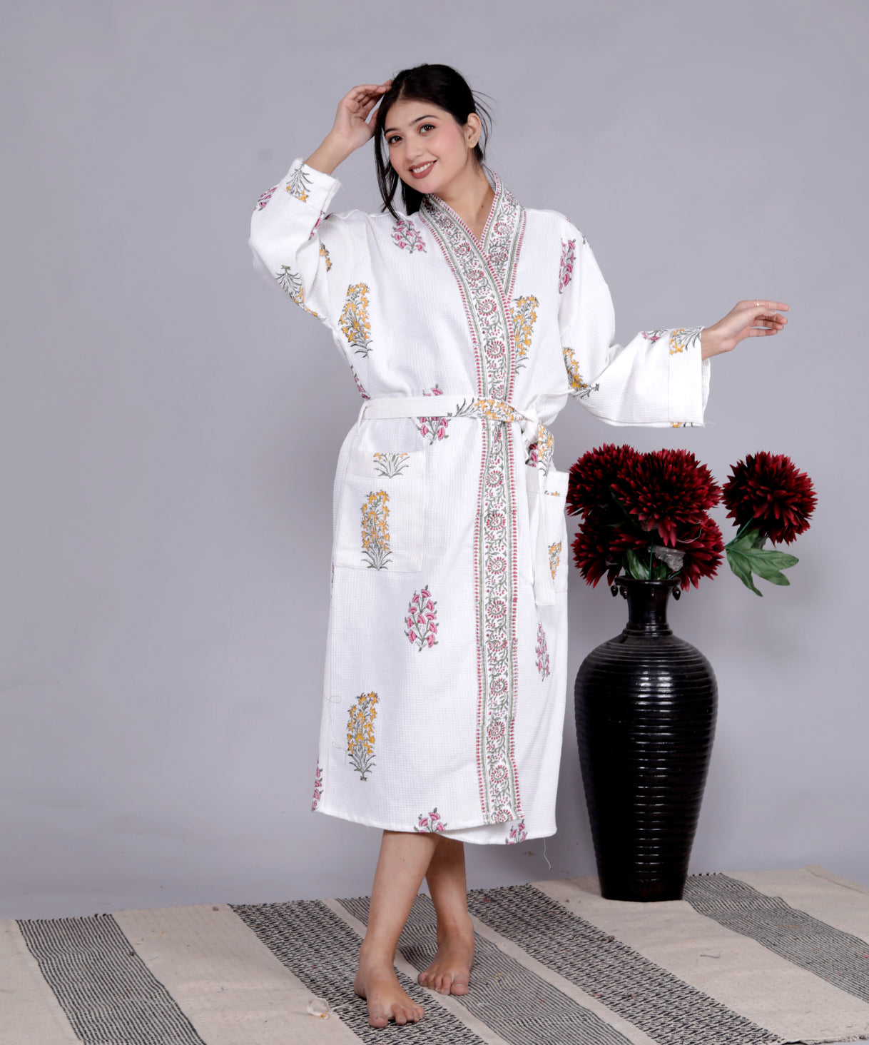 Living Roots Handblock Printed Cotton Waffle Unisex Bath Robe - Free Size (Set Of 1) (91-015-BIG)