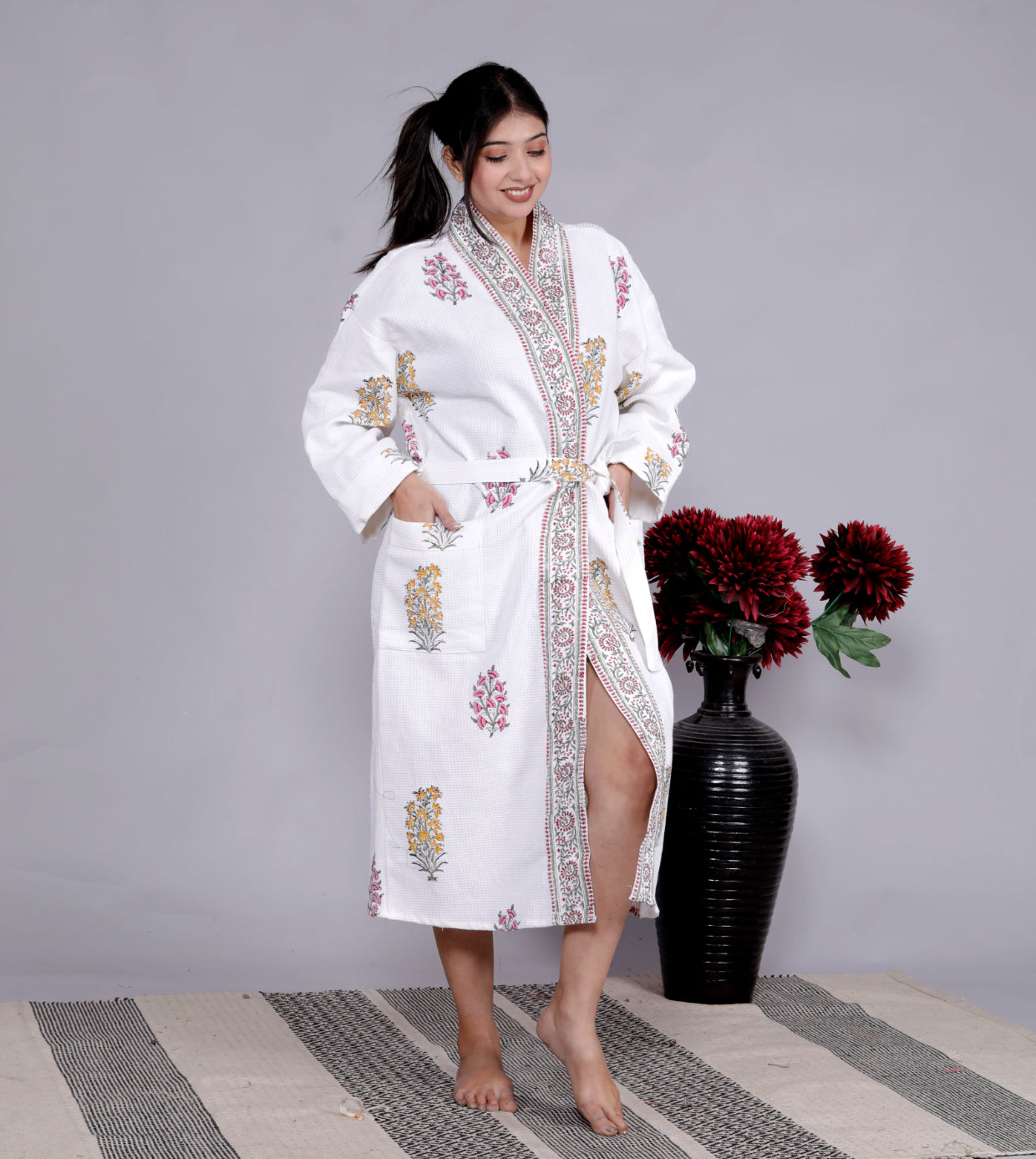 Living Roots Handblock Printed Cotton Waffle Unisex Bath Robe - Free Size (Set Of 1) (91-015-BIG)