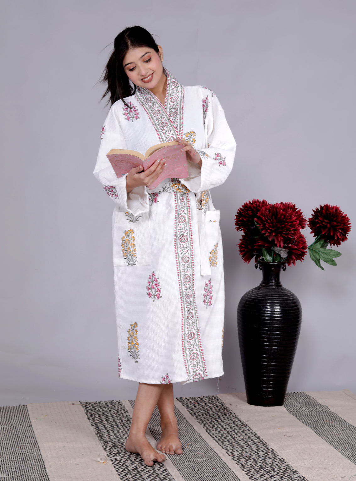 Living Roots Handblock Printed Cotton Waffle Unisex Bath Robe - Free Size (Set Of 1) (91-015-BIG)
