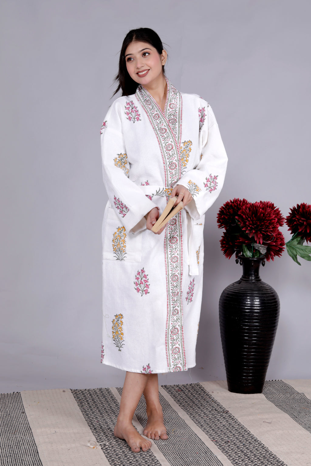 Living Roots Handblock Printed Cotton Waffle Unisex Bath Robe - Free Size (Set Of 1) (91-015-BIG)