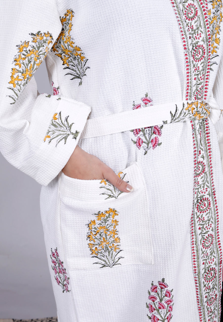 Living Roots Handblock Printed Cotton Waffle Unisex Bath Robe - Free Size (Set Of 1) (91-015-BIG)