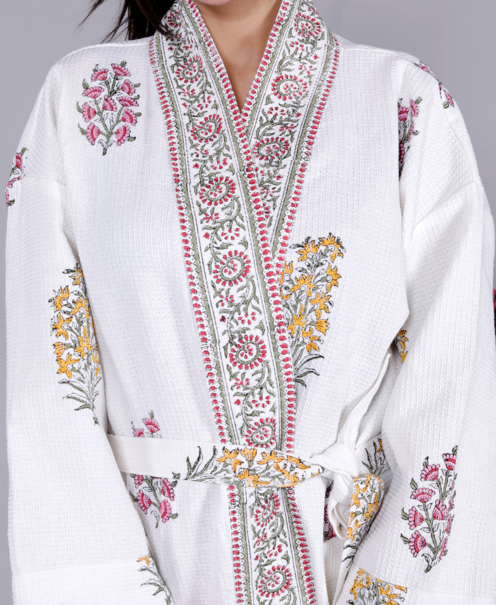 Living Roots Handblock Printed Cotton Waffle Unisex Bath Robe - Free Size (Set Of 1) (91-015-BIG)