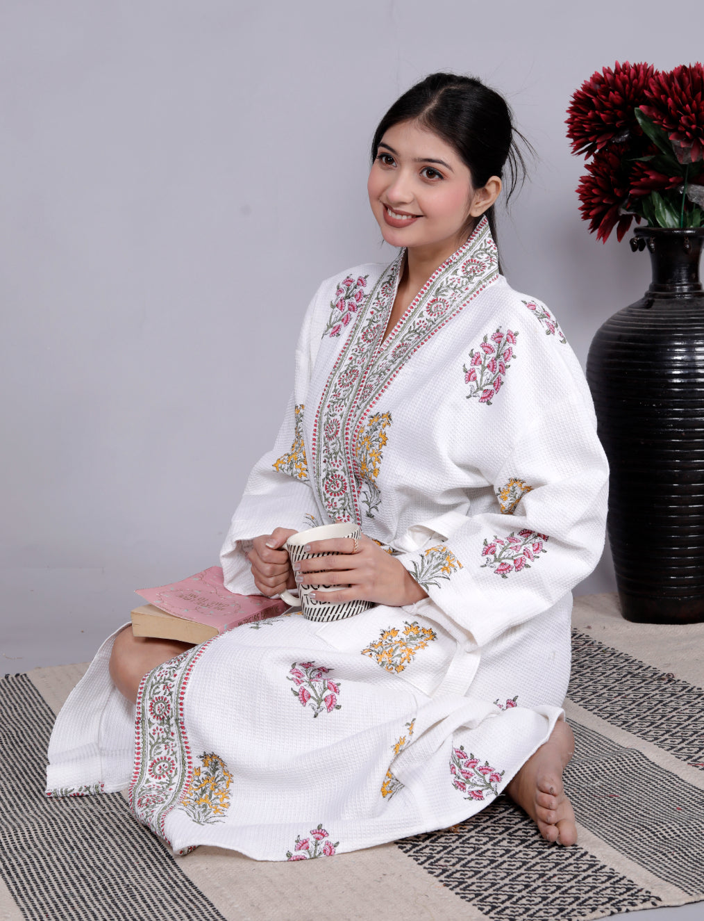 Living Roots Handblock Printed Cotton Waffle Unisex Bath Robe - Free Size (Set Of 1) (91-015-BIG)