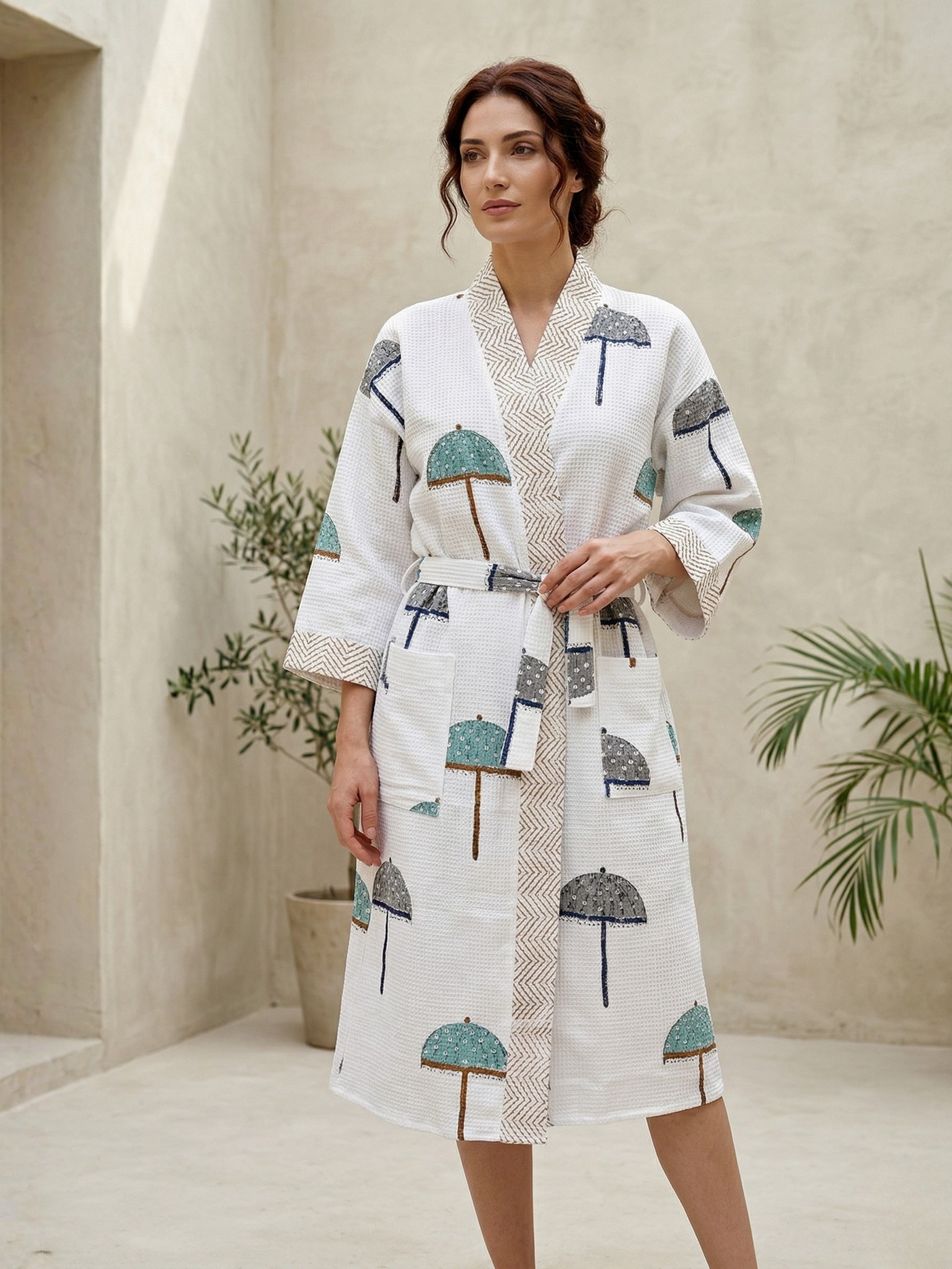 Living Roots Handblock Printed Cotton Waffle Unisex Bath Robe - Free Size (Set Of 1) (91-016-BIG)