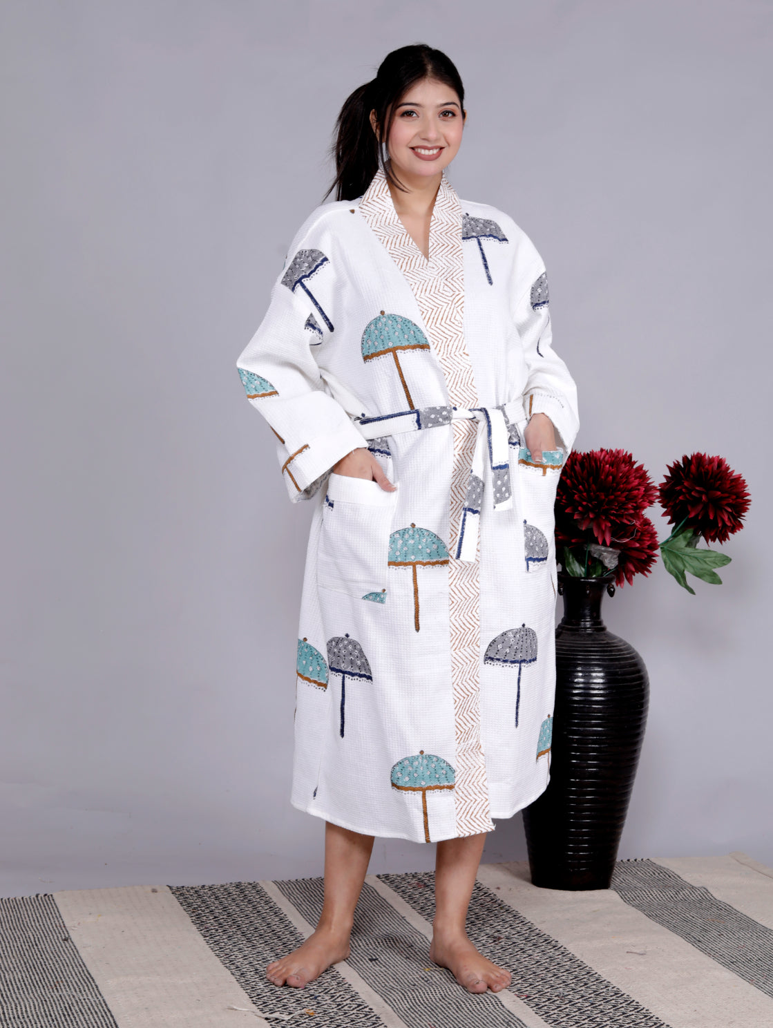 Living Roots Handblock Printed Cotton Waffle Unisex Bath Robe - Free Size (Set Of 1) (91-016-BIG)