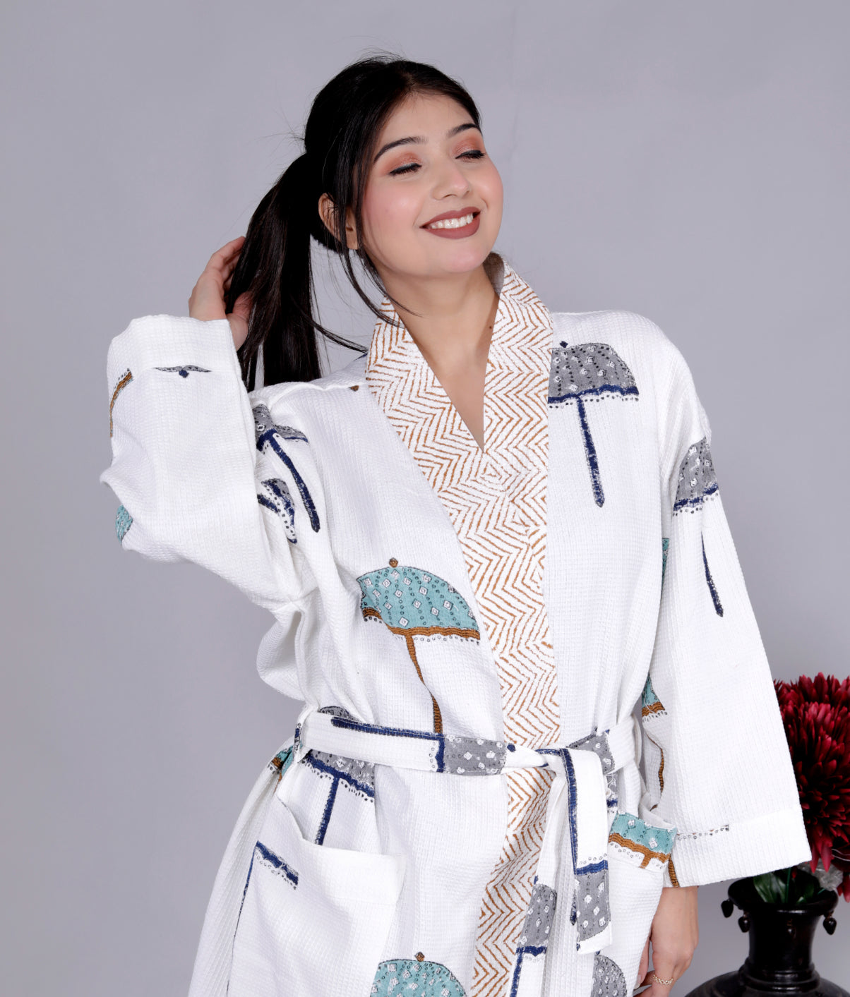 Living Roots Handblock Printed Cotton Waffle Unisex Bath Robe - Free Size (Set Of 1) (91-016-BIG)