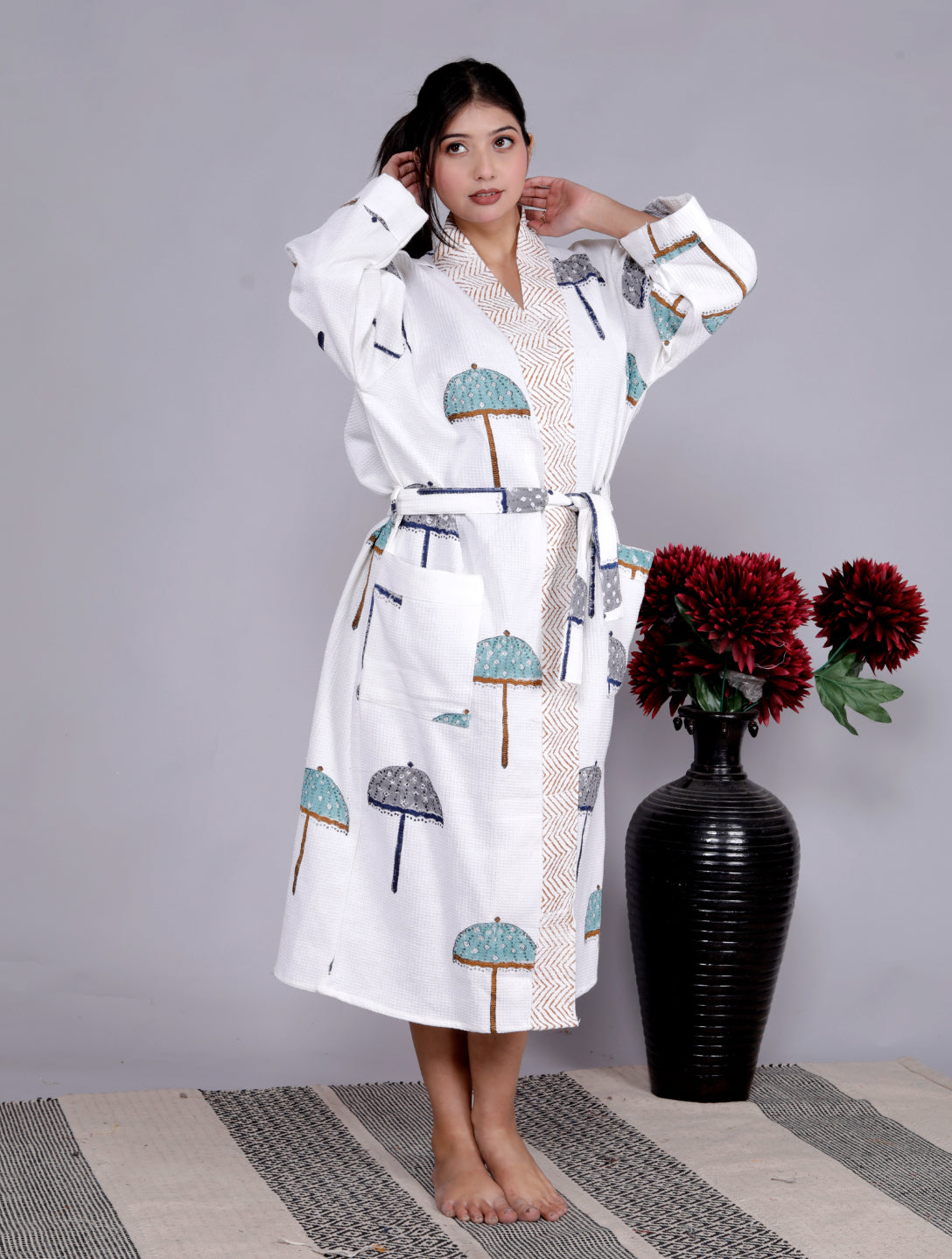 Living Roots Handblock Printed Cotton Waffle Unisex Bath Robe - Free Size (Set Of 1) (91-016-BIG)