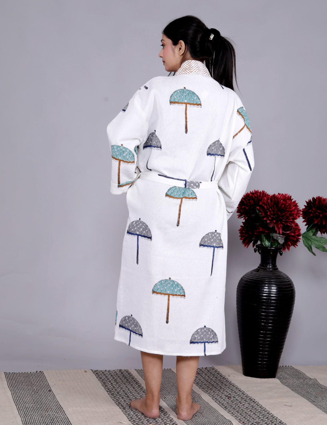 Living Roots Handblock Printed Cotton Waffle Unisex Bath Robe - Free Size (Set Of 1) (91-016-BIG)
