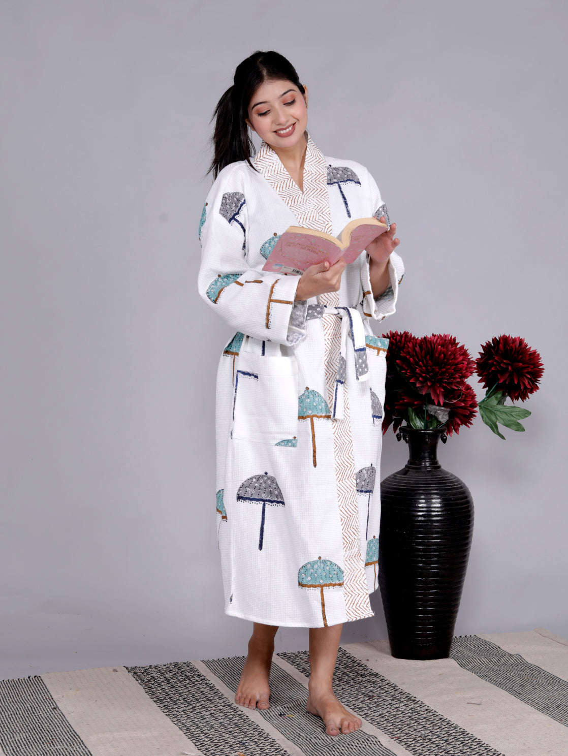 Living Roots Handblock Printed Cotton Waffle Unisex Bath Robe - Free Size (Set Of 1) (91-016-BIG)